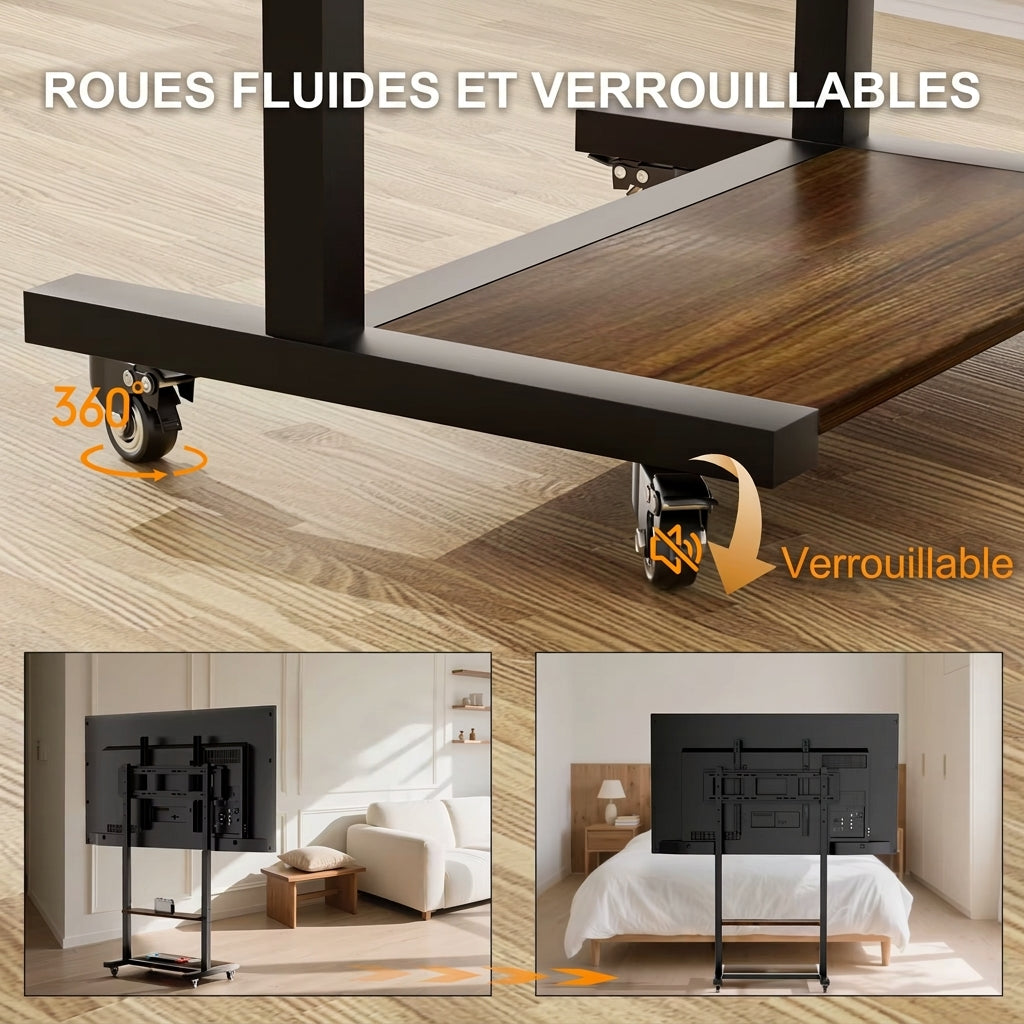 Pied Support TV Mobile avec Étagères – Écrans 40 à 86 Pouces, Roulettes, Hauteur Réglable, Charge 50 kg