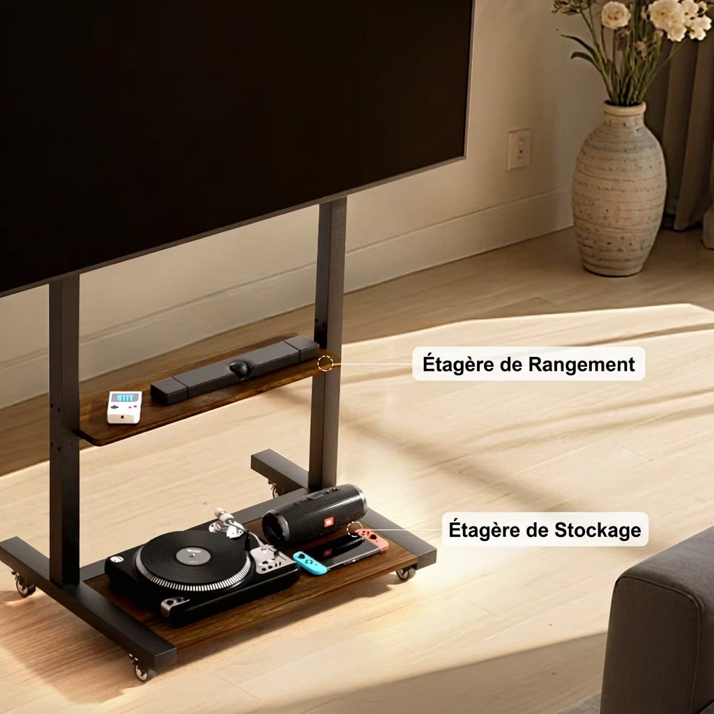 Pied Support TV Mobile avec Étagères – Écrans 40 à 86 Pouces, Roulettes, Hauteur Réglable, Charge 50 kg