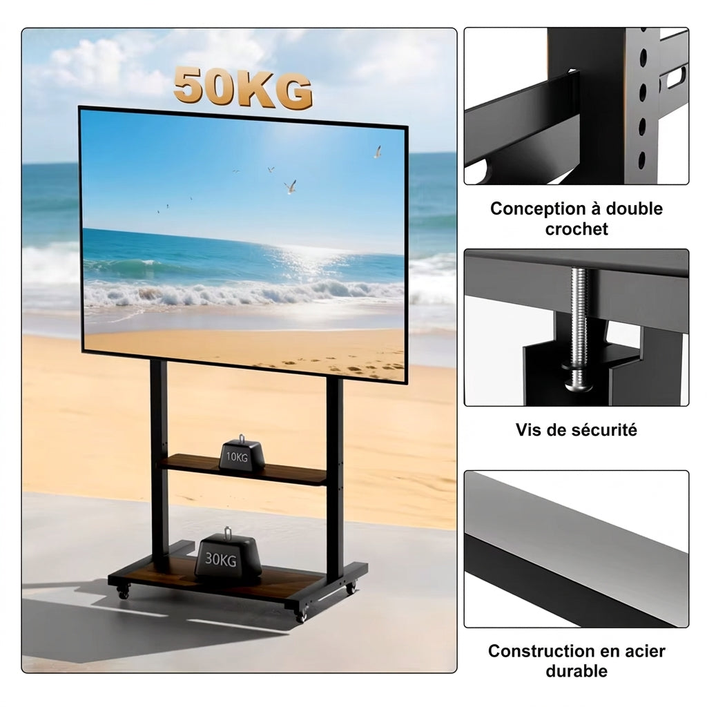 Pied Support TV Mobile avec Étagères – Écrans 40 à 86 Pouces, Roulettes, Hauteur Réglable, Charge 50 kg