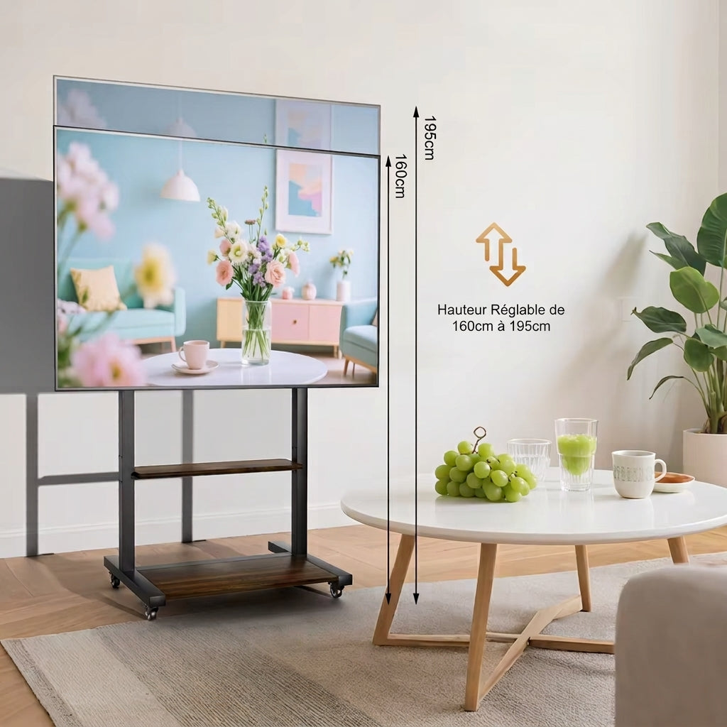 Pied Support TV Mobile avec Étagères – Écrans 40 à 86 Pouces, Roulettes, Hauteur Réglable, Charge 50 kg