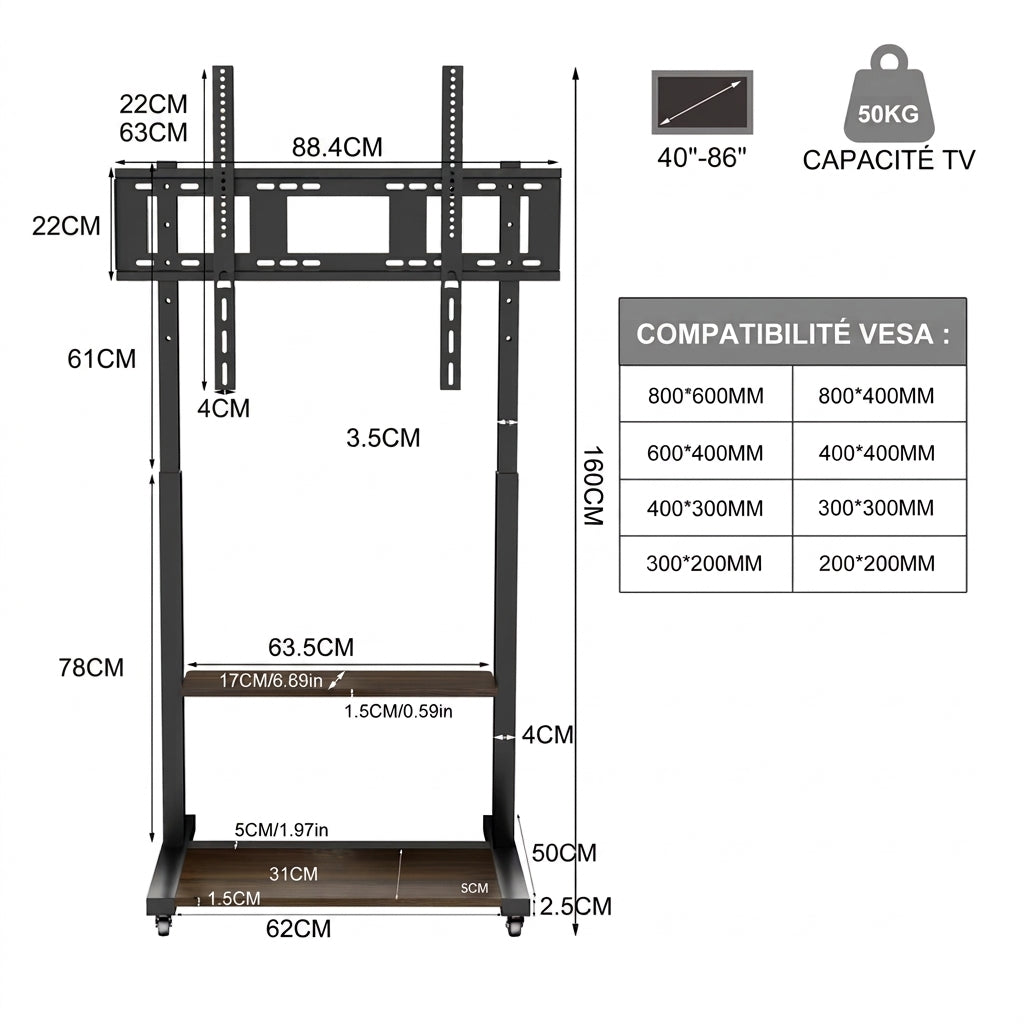 Pied Support TV Mobile avec Étagères – Écrans 40 à 86 Pouces, Roulettes, Hauteur Réglable, Charge 50 kg