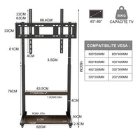 Pied Support TV Mobile avec Étagères – Écrans 40 à 86 Pouces, Roulettes, Hauteur Réglable, Charge 50 kg