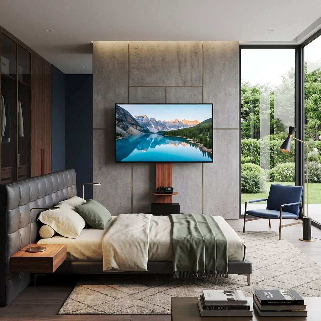 Support TV sur Pied Bois et Métal avec Étagère – Réglable 5 Hauteurs, TV 32-65", 40 kg, Passe-Câbles