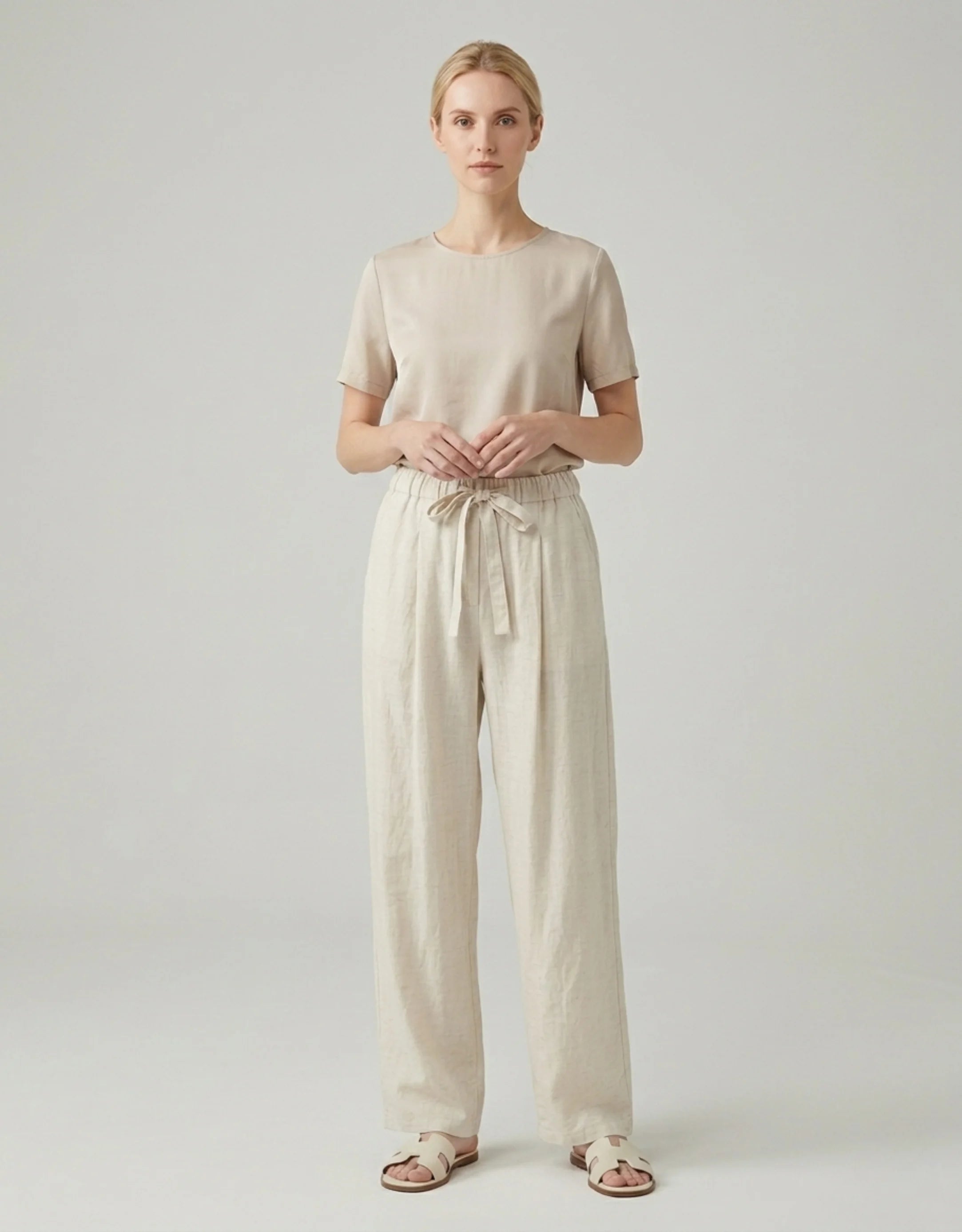 Pantalon Large Lin Tencel Femme — Taille Haute Élastique Palazzo Wide Leg — Été 2026 — Beige / Rose / Marine