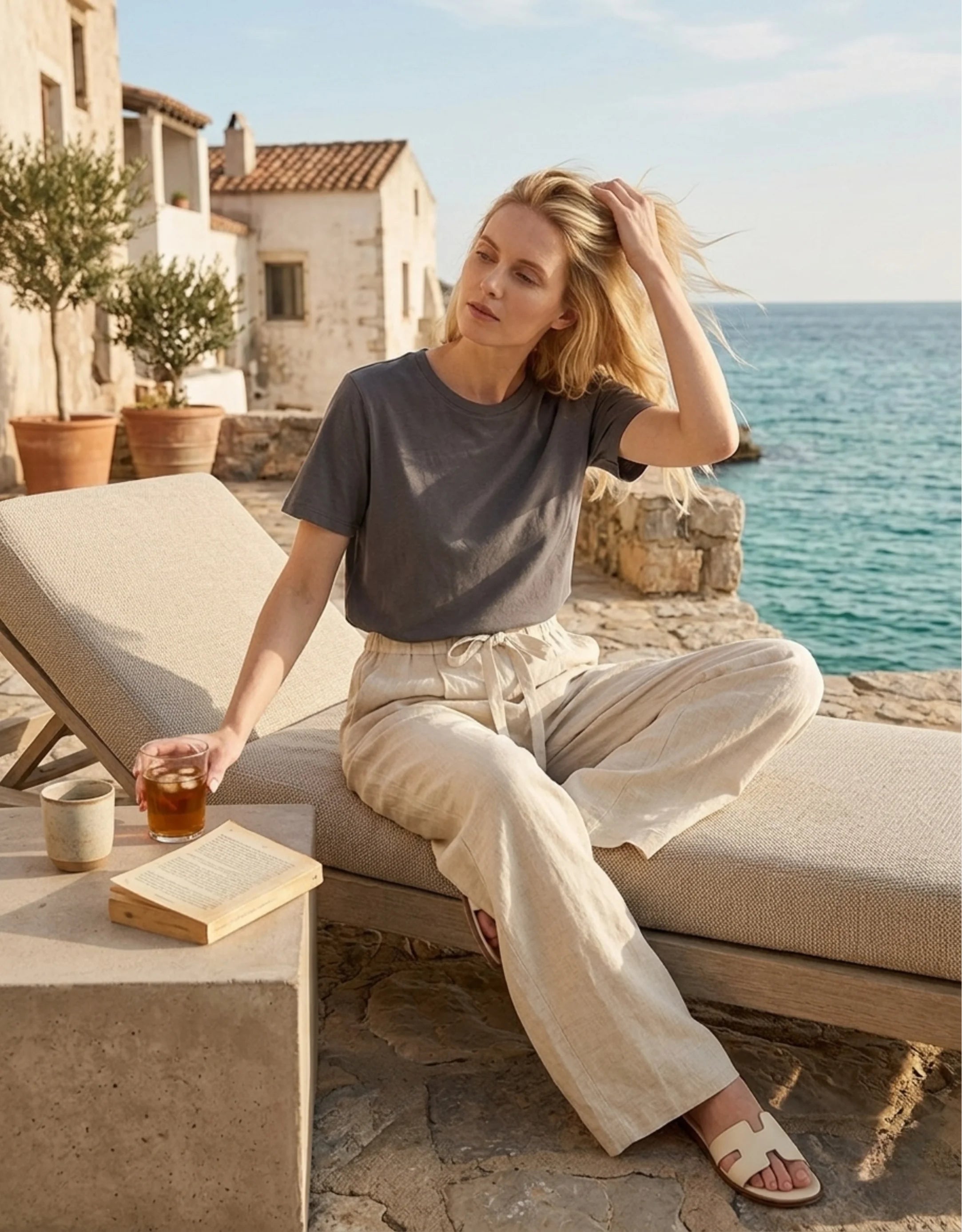 Pantalon Large Lin Tencel Femme — Taille Haute Élastique Palazzo Wide Leg — Été 2026 — Beige / Rose / Marine
