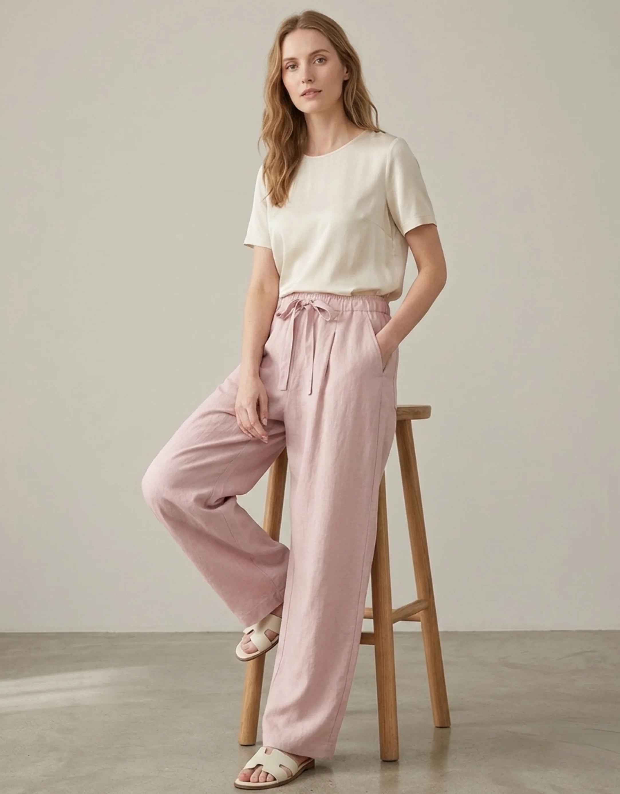Pantalon Large Lin Tencel Femme — Taille Haute Élastique Palazzo Wide Leg — Été 2026 — Beige / Rose / Marine