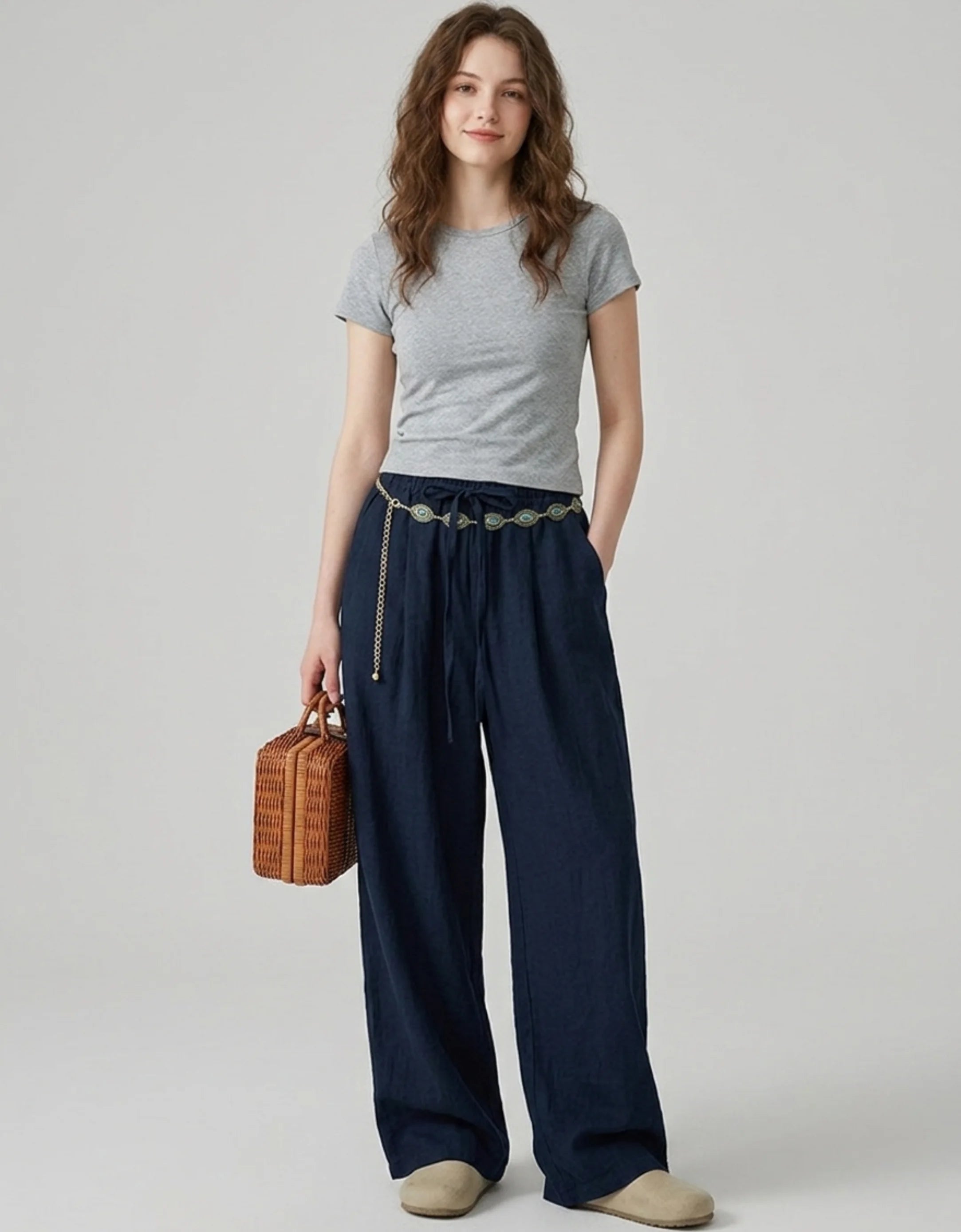 Pantalon Large Lin Tencel Femme — Taille Haute Élastique Palazzo Wide Leg — Été 2026 — Beige / Rose / Marine