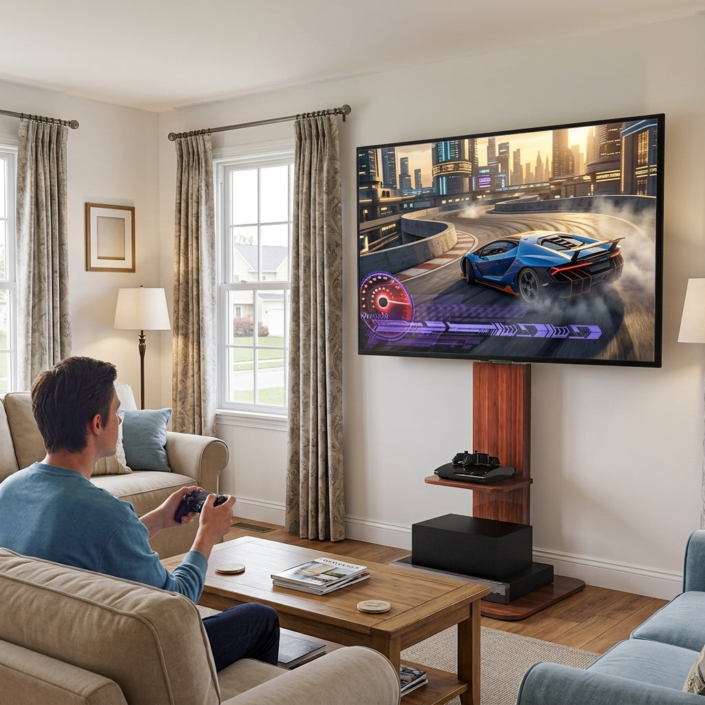 Support TV sur Pied Bois et Métal avec Étagère – Réglable 5 Hauteurs, TV 32-65", 40 kg, Passe-Câbles
