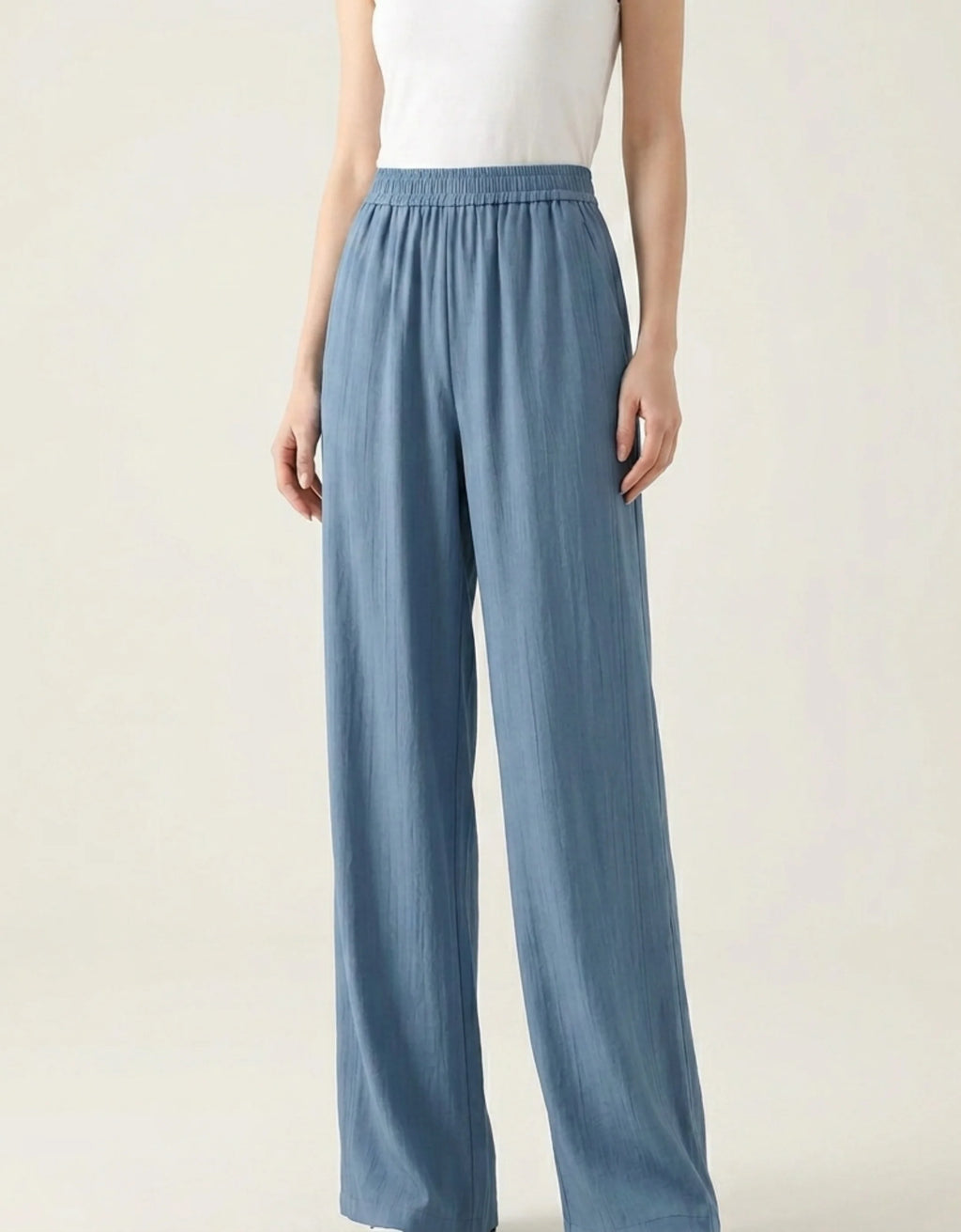 Pantalon Large Ice Silk Femme Taille Haute Élastique — Wide Leg Straight Fluide Été 2026 — Noir / Gris / Bleu