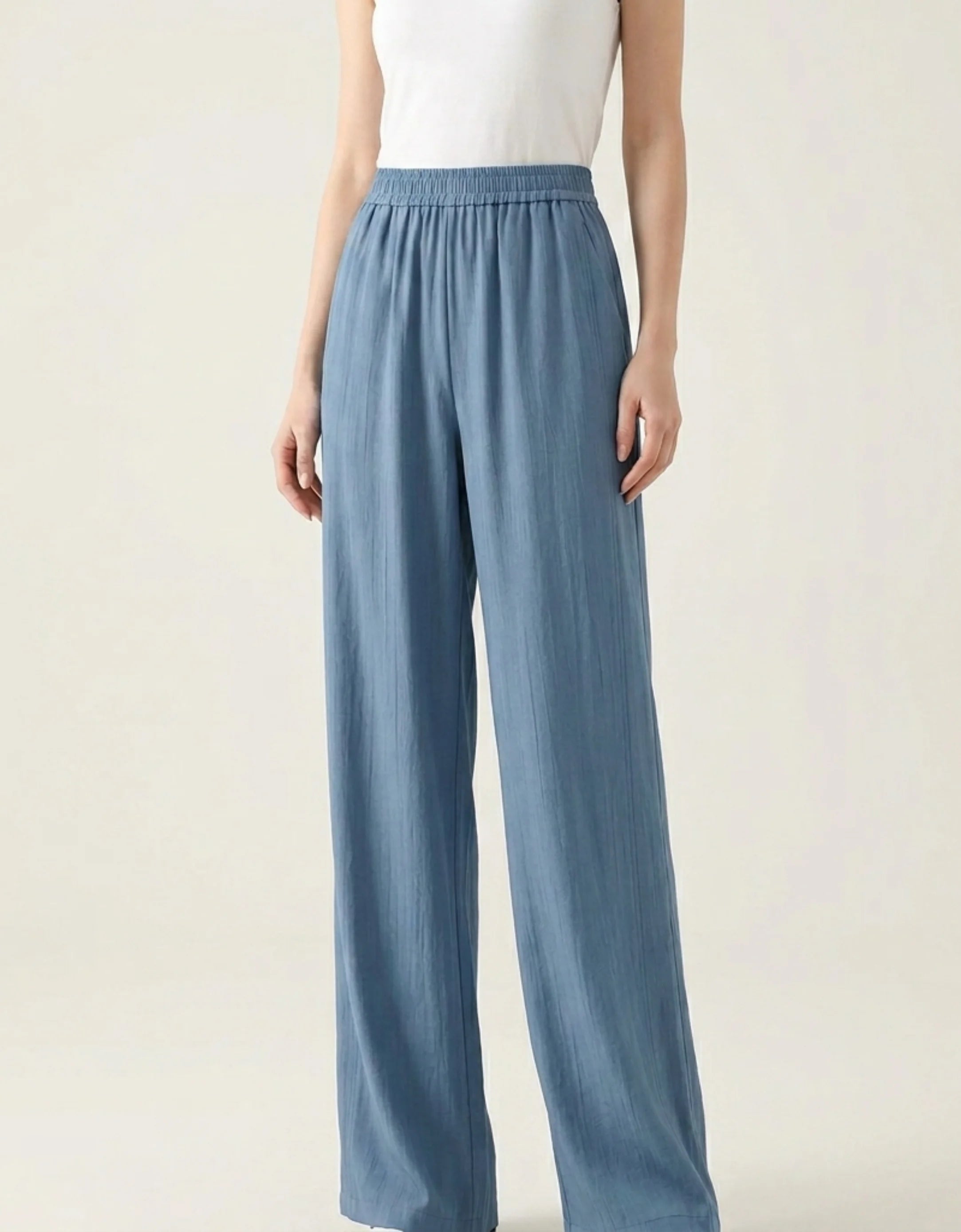 Pantalon Large Ice Silk Femme Taille Haute Élastique — Wide Leg Straight Fluide Été 2026 — Noir / Gris / Bleu