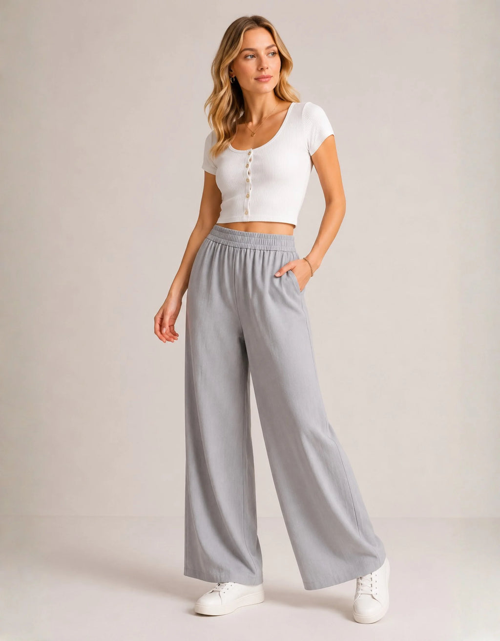 Pantalon Large Ice Silk Femme Taille Haute Élastique — Wide Leg Straight Fluide Été 2026 — Noir / Gris / Bleu