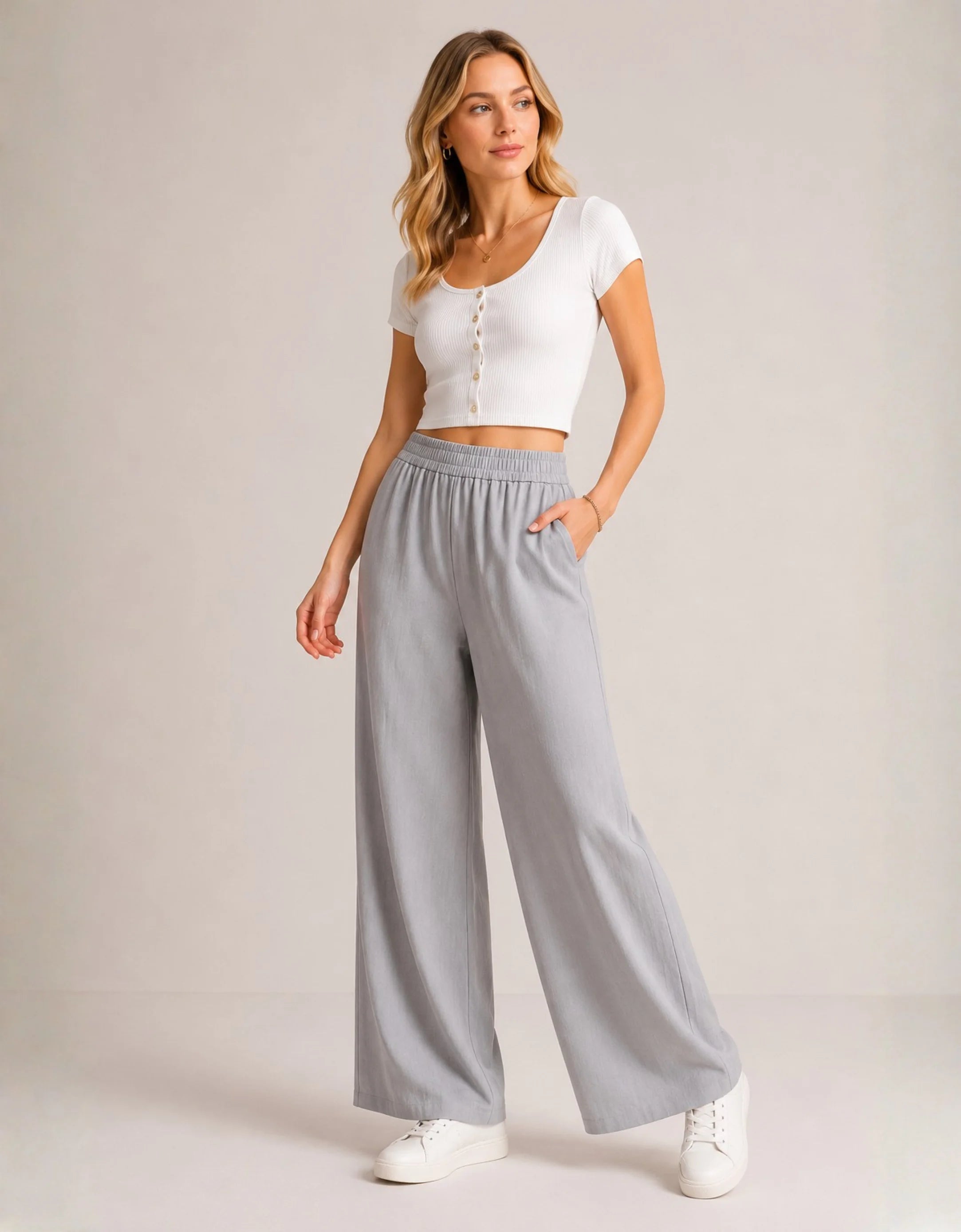 Pantalon Large Ice Silk Femme Taille Haute Élastique — Wide Leg Straight Fluide Été 2026 — Noir / Gris / Bleu