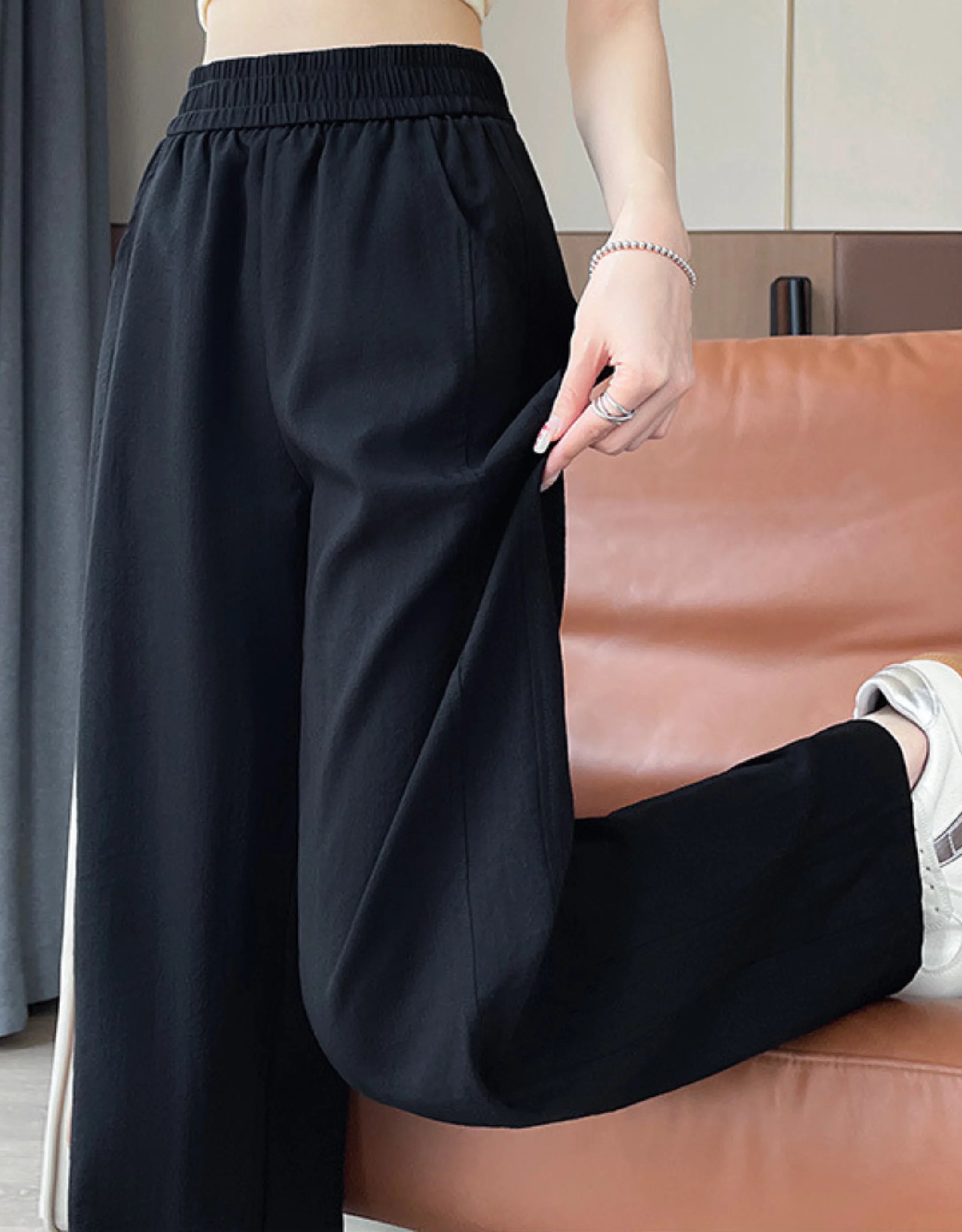Pantalon Large Ice Silk Femme Taille Haute Élastique — Wide Leg Straight Fluide Été 2026 — Noir / Gris / Bleu