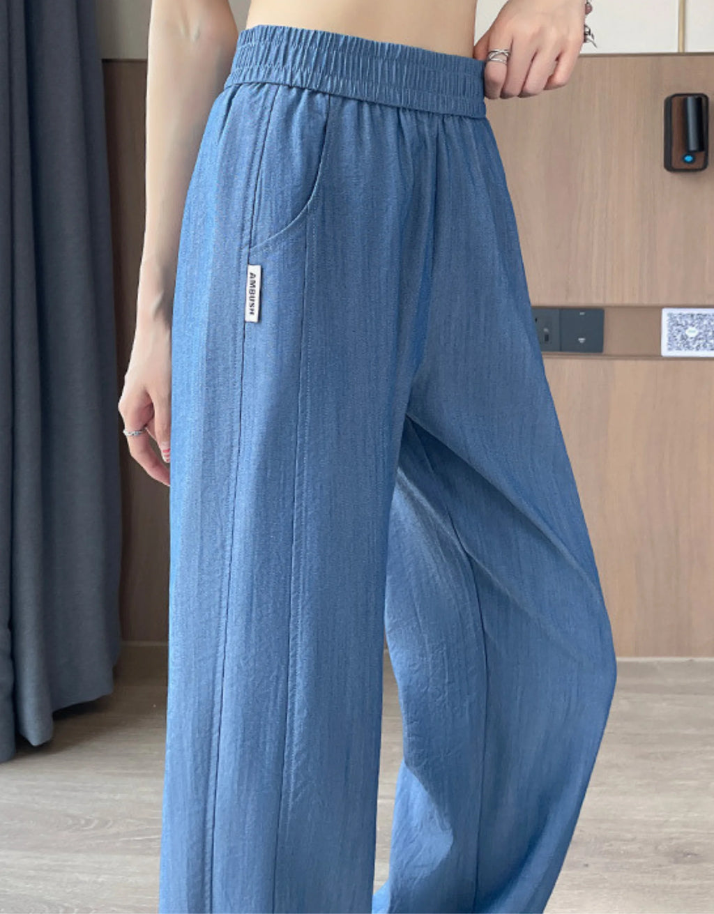 Pantalon Large Ice Silk Femme Taille Haute Élastique — Wide Leg Straight Fluide Été 2026 — Noir / Gris / Bleu