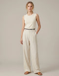 Pantalon Large Lin Viscose Femme — Taille Haute Rayures Verticales Wide Leg — Coupe Palazzo Été 2026 — Beige Naturel