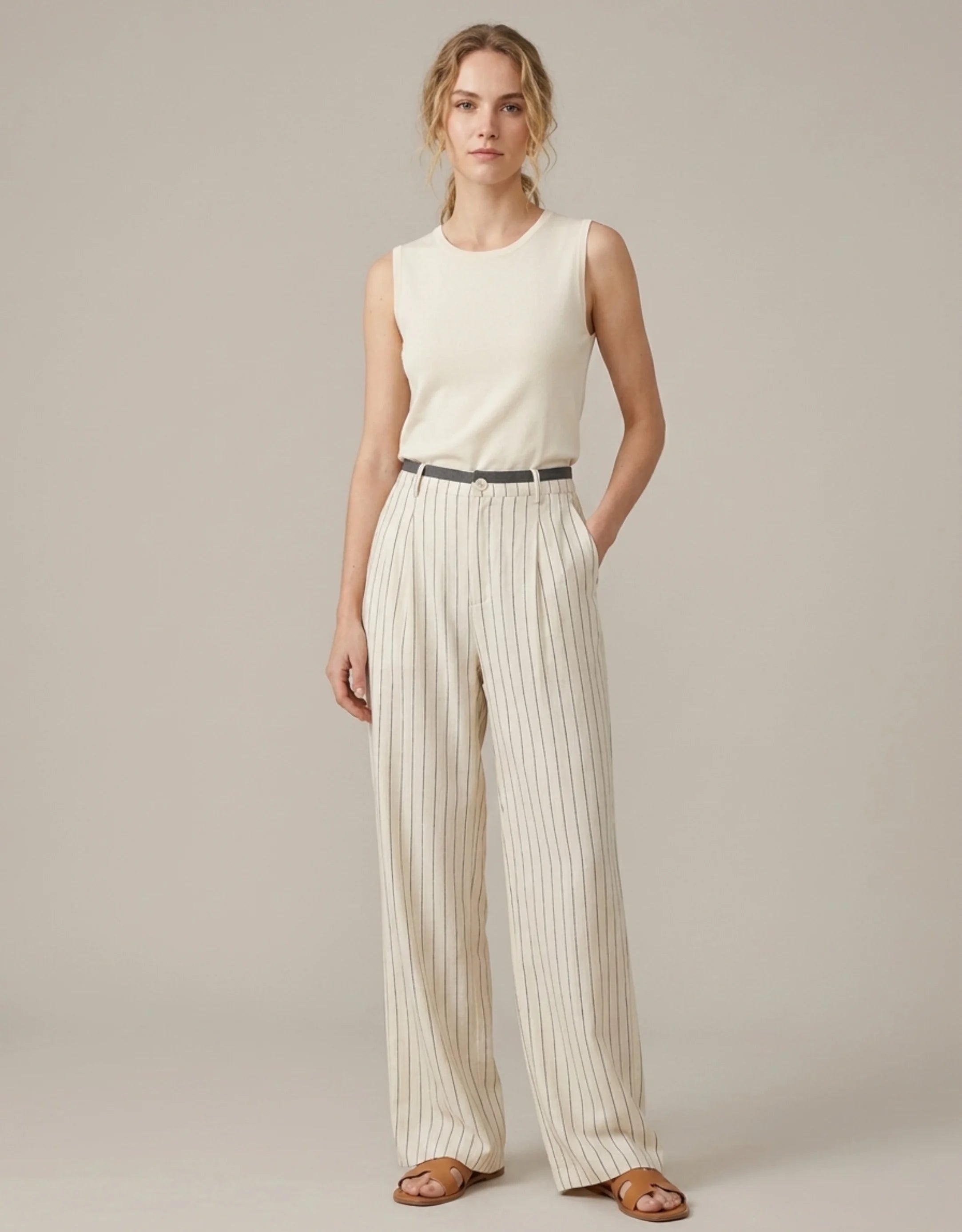 Pantalon Large Lin Viscose Femme — Taille Haute Rayures Verticales Wide Leg — Coupe Palazzo Été 2026 — Beige Naturel