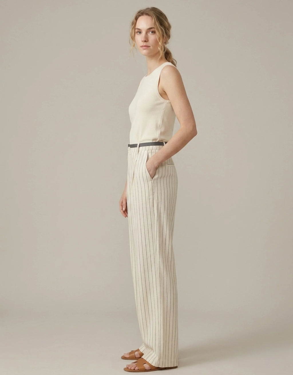 Pantalon Large Lin Viscose Femme — Taille Haute Rayures Verticales Wide Leg — Coupe Palazzo Été 2026 — Beige Naturel