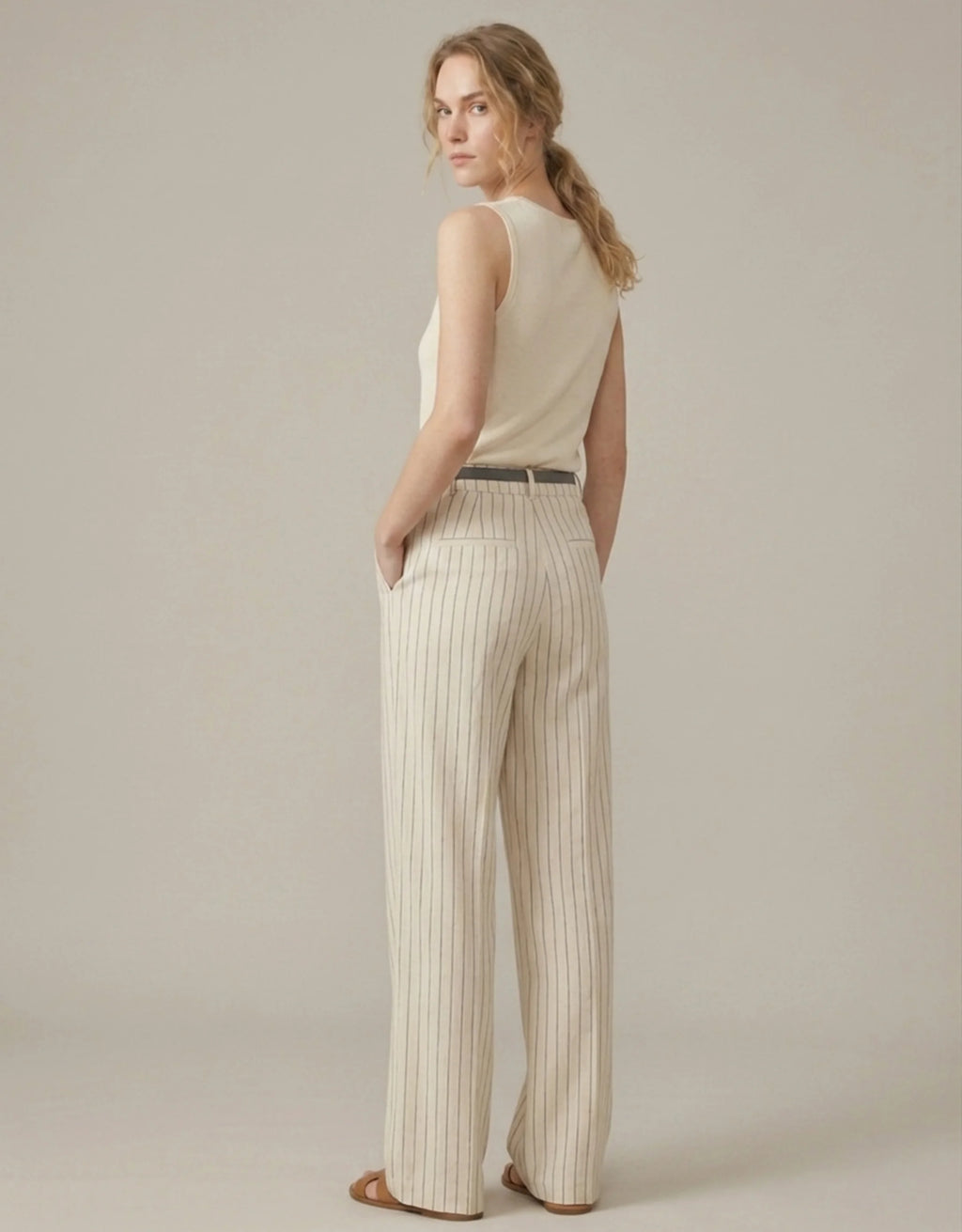 Pantalon Large Lin Viscose Femme — Taille Haute Rayures Verticales Wide Leg — Coupe Palazzo Été 2026 — Beige Naturel
