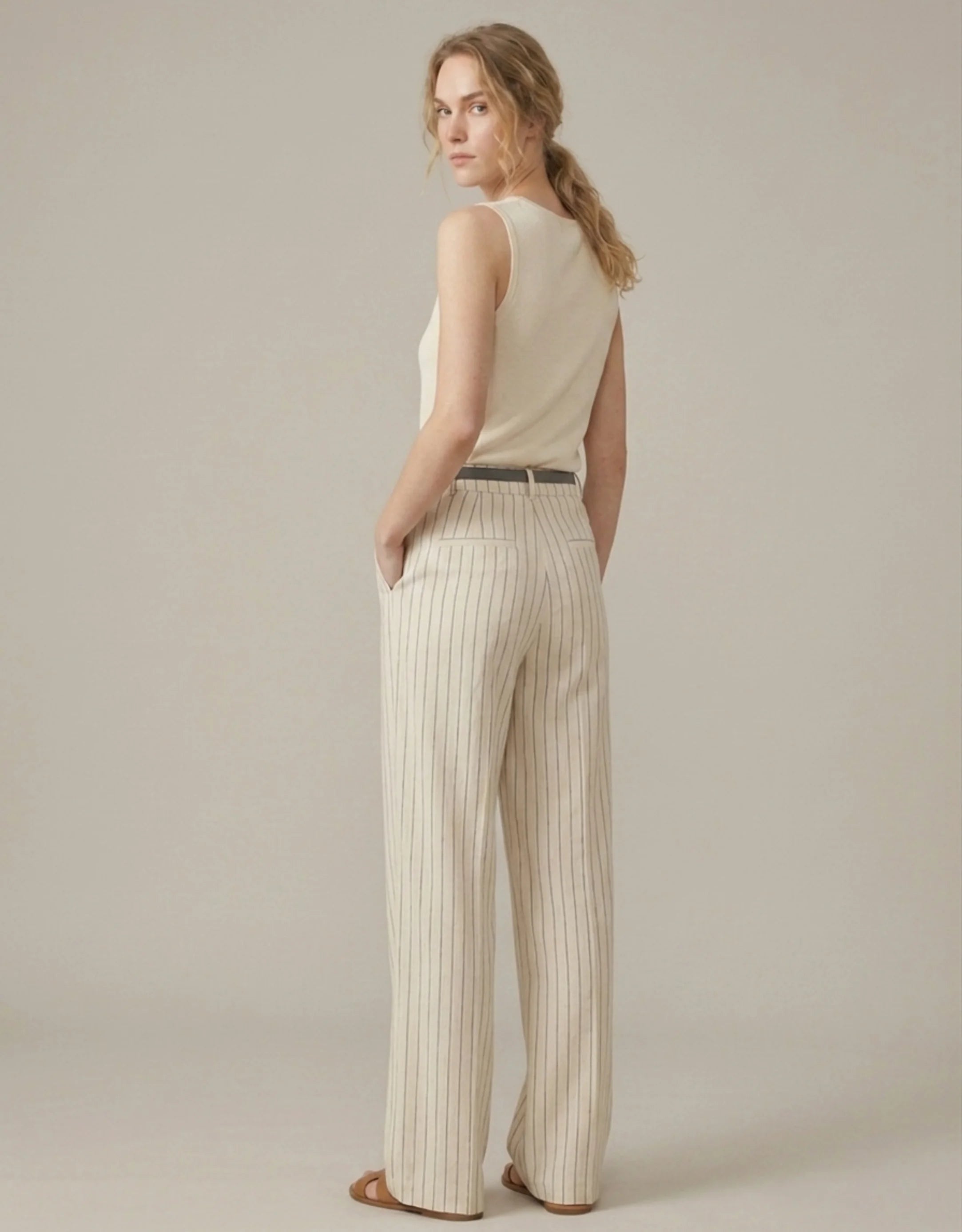 Pantalon Large Lin Viscose Femme — Taille Haute Rayures Verticales Wide Leg — Coupe Palazzo Été 2026 — Beige Naturel