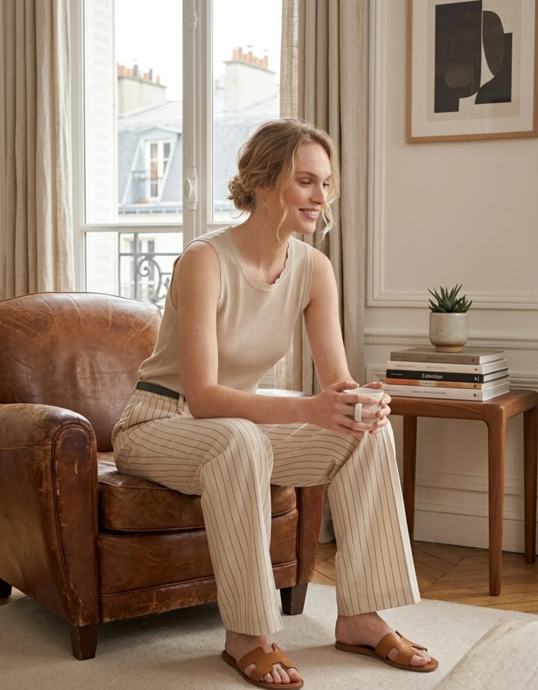 Pantalon Large Lin Viscose Femme — Taille Haute Rayures Verticales Wide Leg — Coupe Palazzo Été 2026 — Beige Naturel