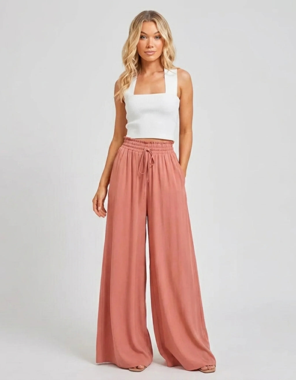 Pantalon Large Palazzo Femme Taille Haute Élastique — Wide Leg Fluide Été 2026 — Blanc / Marine / Vert / Bleu / Rose