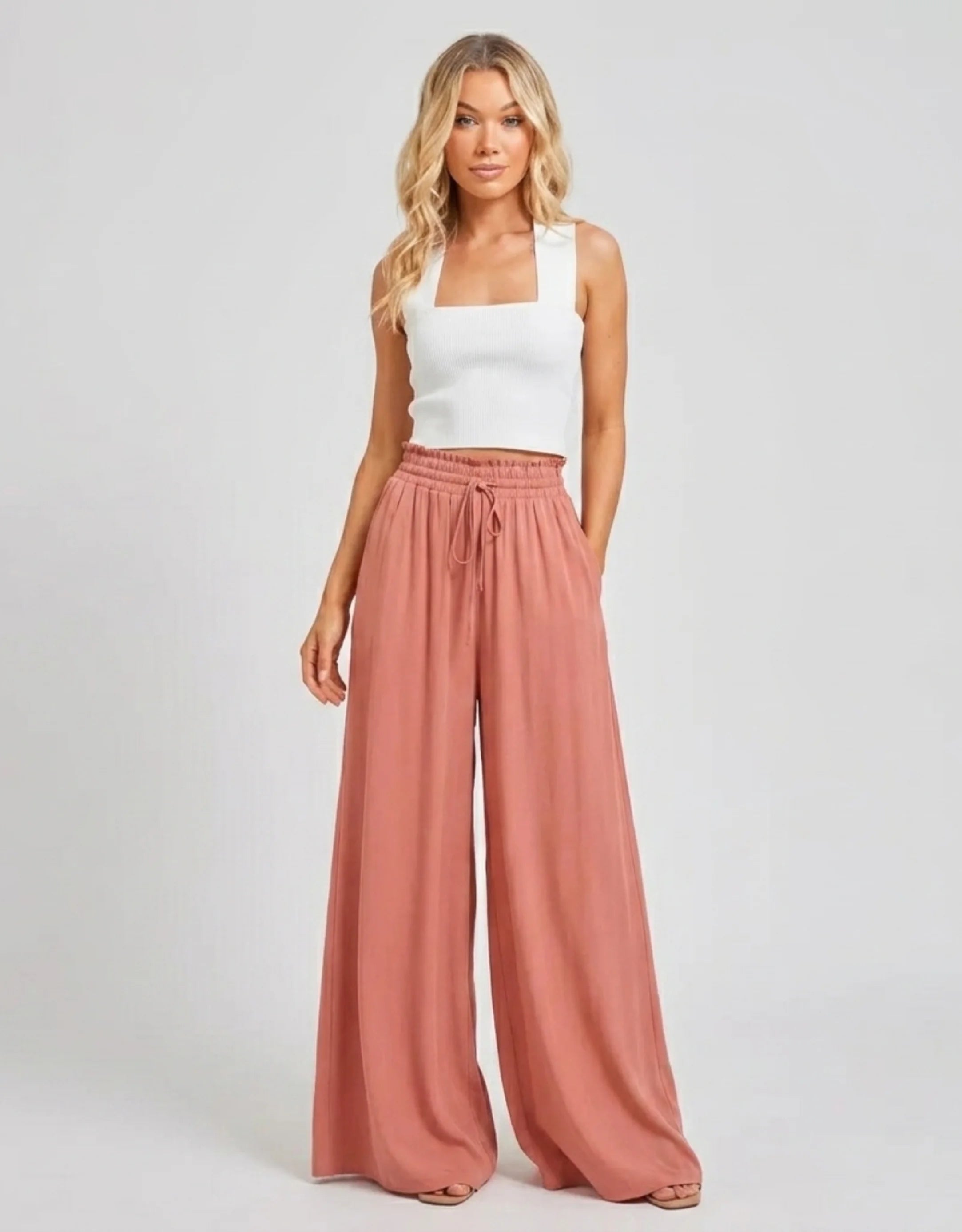Pantalon Large Palazzo Femme Taille Haute Élastique — Wide Leg Fluide Été 2026 — Blanc / Marine / Vert / Bleu / Rose