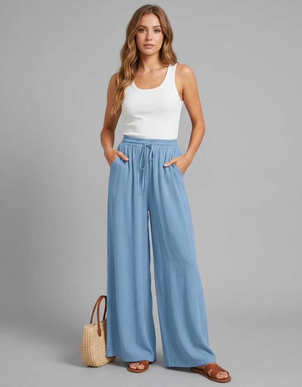 Pantalon Large Palazzo Femme Taille Haute Élastique — Wide Leg Fluide Été 2026 — Blanc / Marine / Vert / Bleu / Rose
