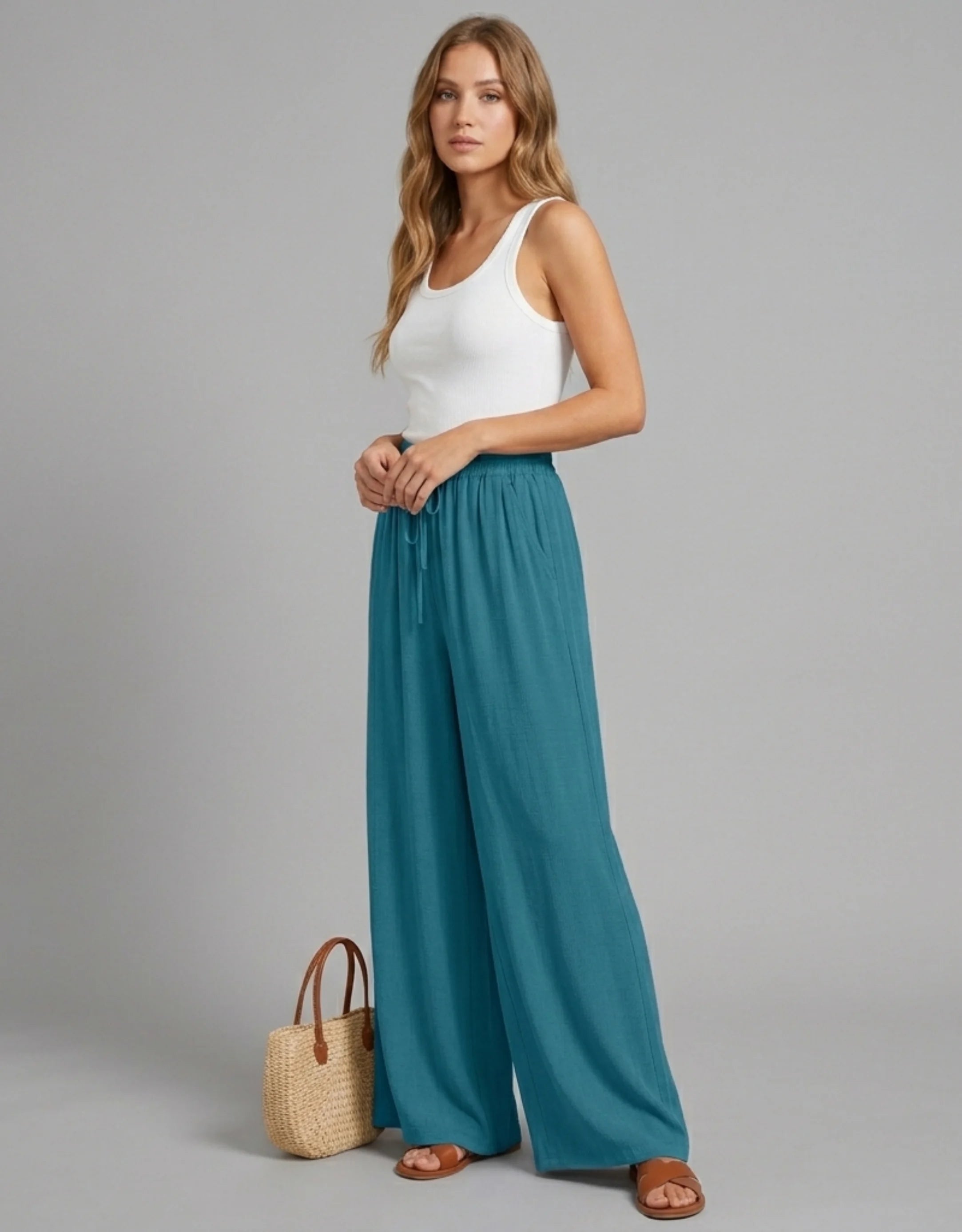 Pantalon Large Palazzo Femme Taille Haute Élastique — Wide Leg Fluide Été 2026 — Blanc / Marine / Vert / Bleu / Rose