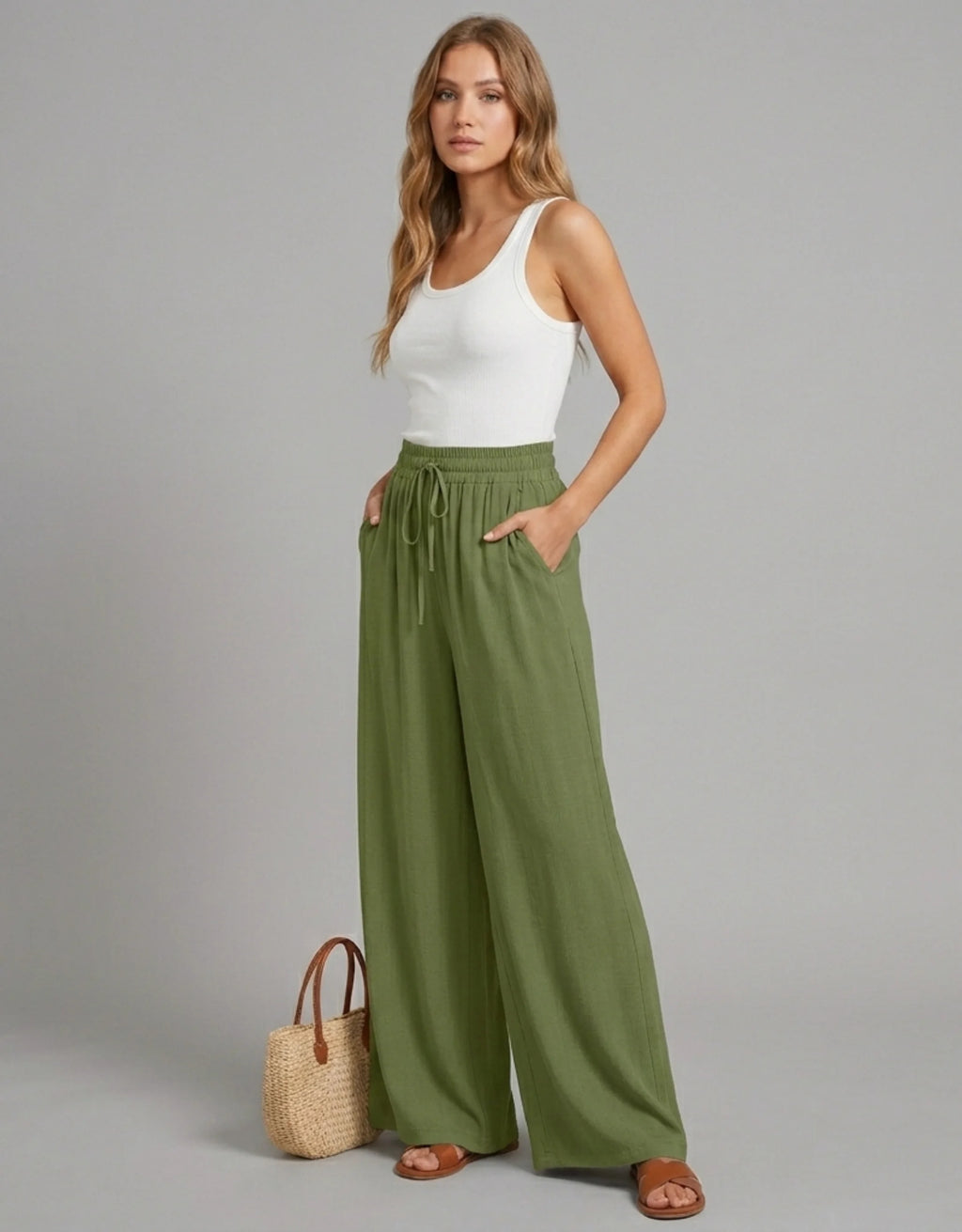 Pantalon Large Palazzo Femme Taille Haute Élastique — Wide Leg Fluide Été 2026 — Blanc / Marine / Vert / Bleu / Rose