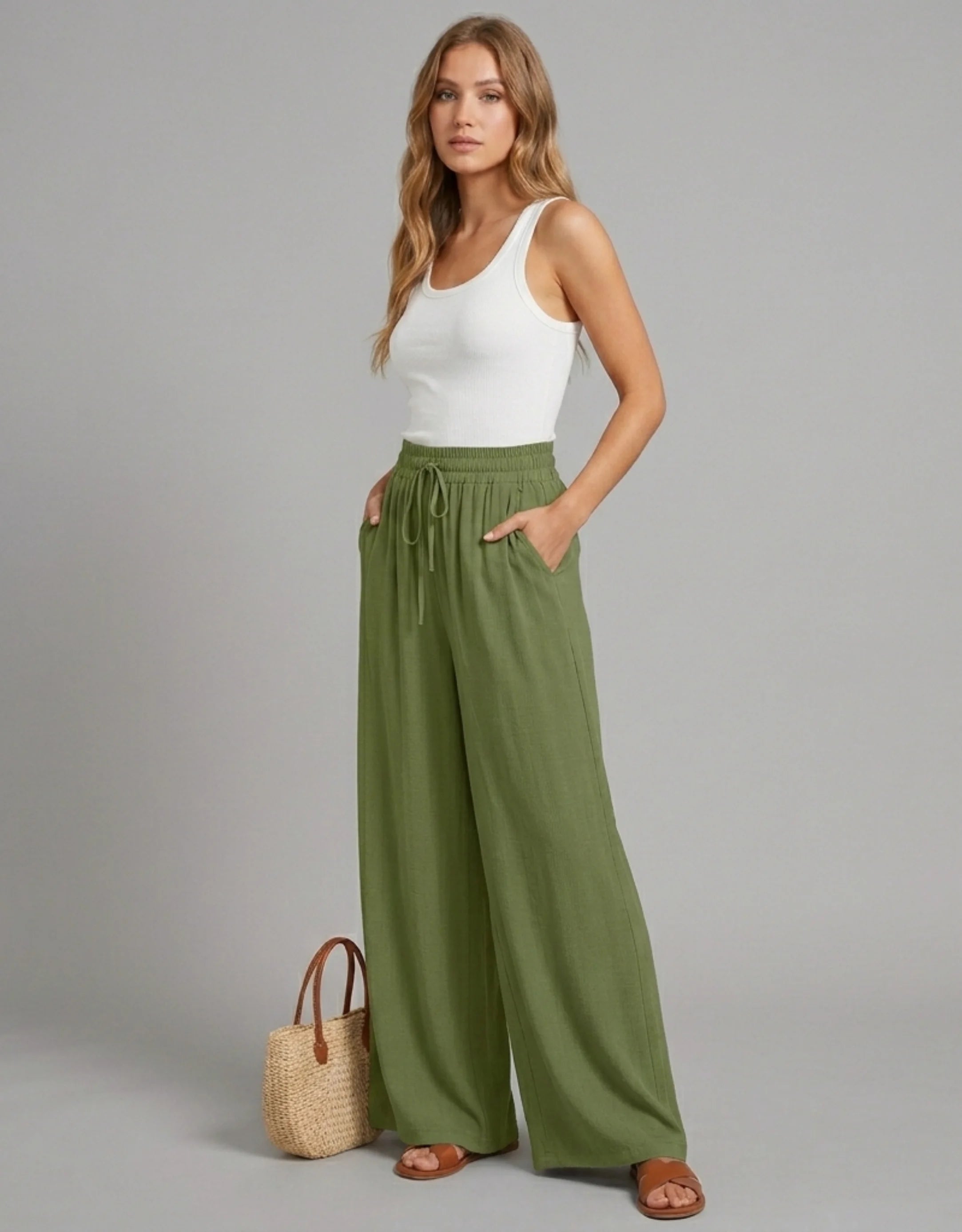 Pantalon Large Palazzo Femme Taille Haute Élastique — Wide Leg Fluide Été 2026 — Blanc / Marine / Vert / Bleu / Rose