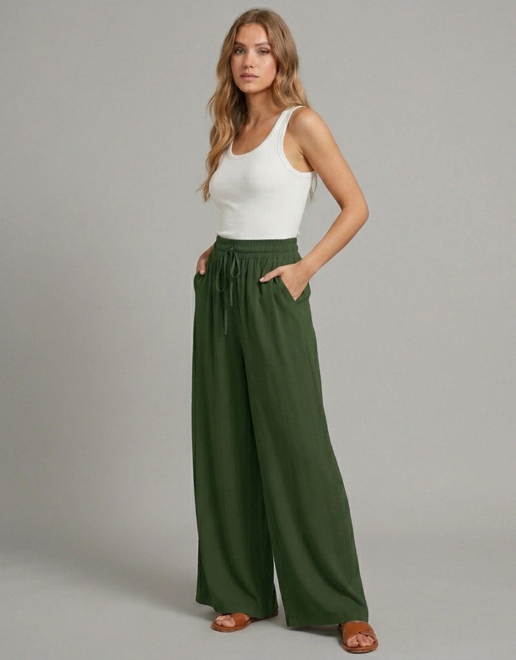Pantalon Large Palazzo Femme Taille Haute Élastique — Wide Leg Fluide Été 2026 — Blanc / Marine / Vert / Bleu / Rose