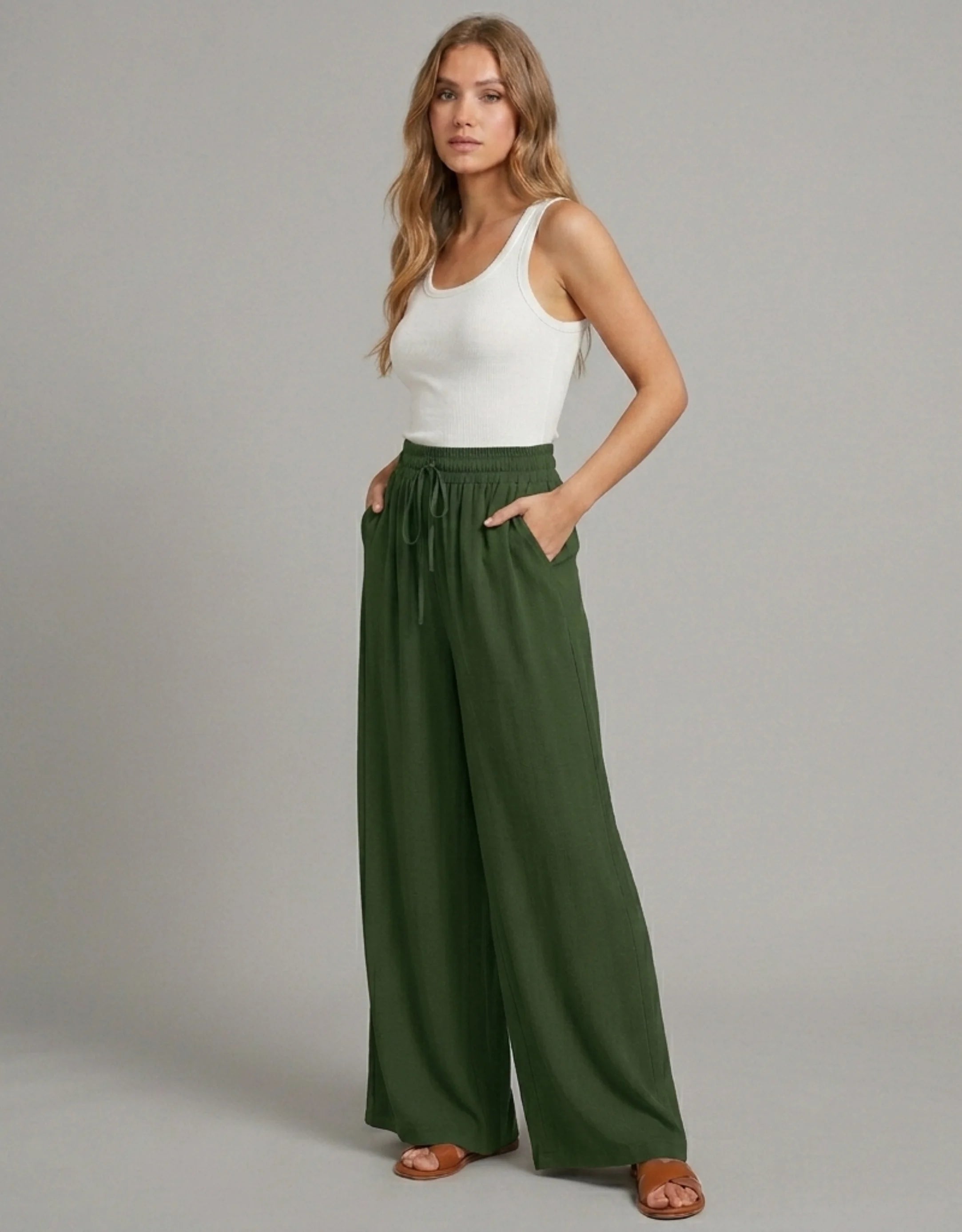 Pantalon Large Palazzo Femme Taille Haute Élastique — Wide Leg Fluide Été 2026 — Blanc / Marine / Vert / Bleu / Rose