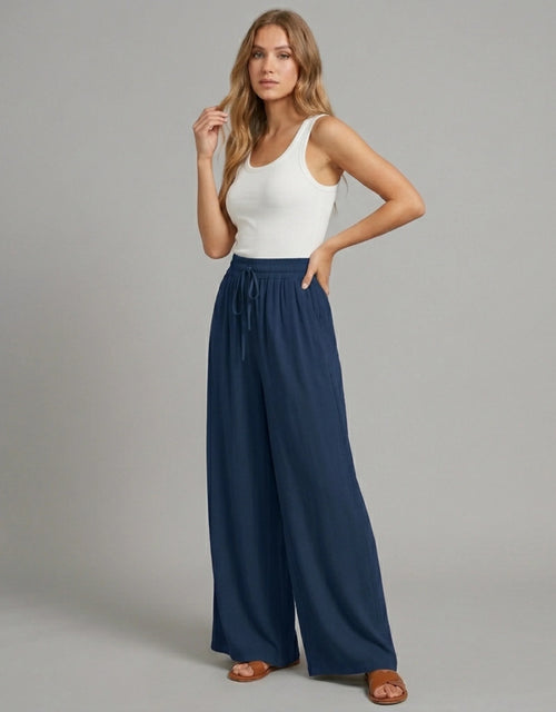 Pantalon Large Palazzo Femme Taille Haute Élastique — Wide Leg Fluide Été 2026 — Blanc / Marine / Vert / Bleu / Rose