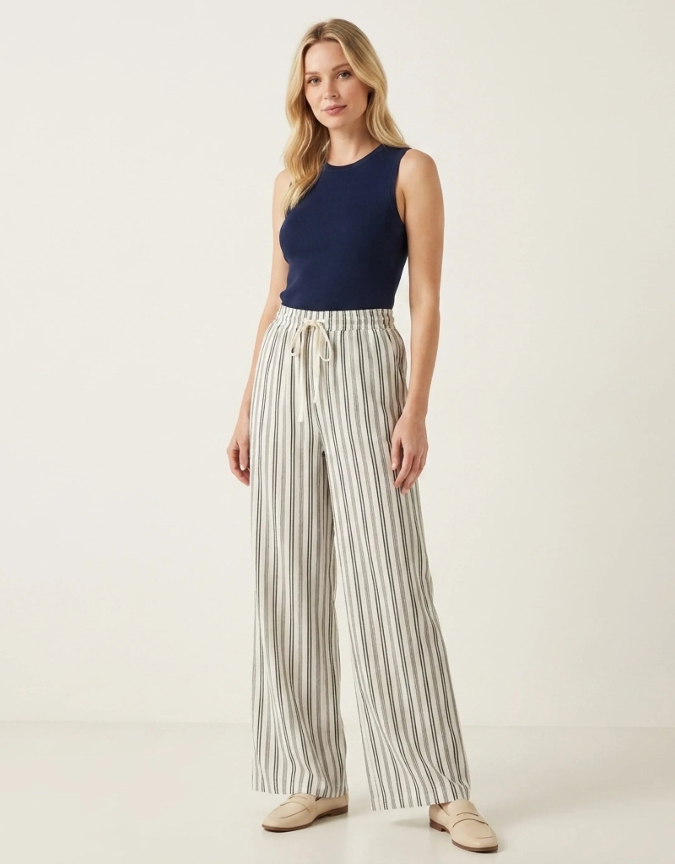 Pantalon Large Rayé Femme Taille Haute — Wide Leg Palazzo Fluide Été 2026 — Blanc Rayé / Noir Rayé