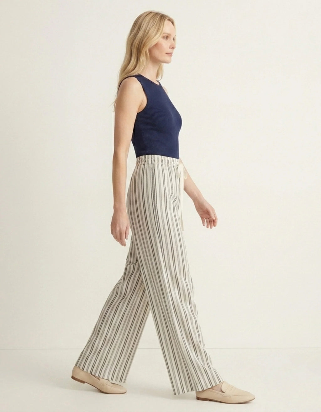 Pantalon Large Rayé Femme Taille Haute — Wide Leg Palazzo Fluide Été 2026 — Blanc Rayé / Noir Rayé