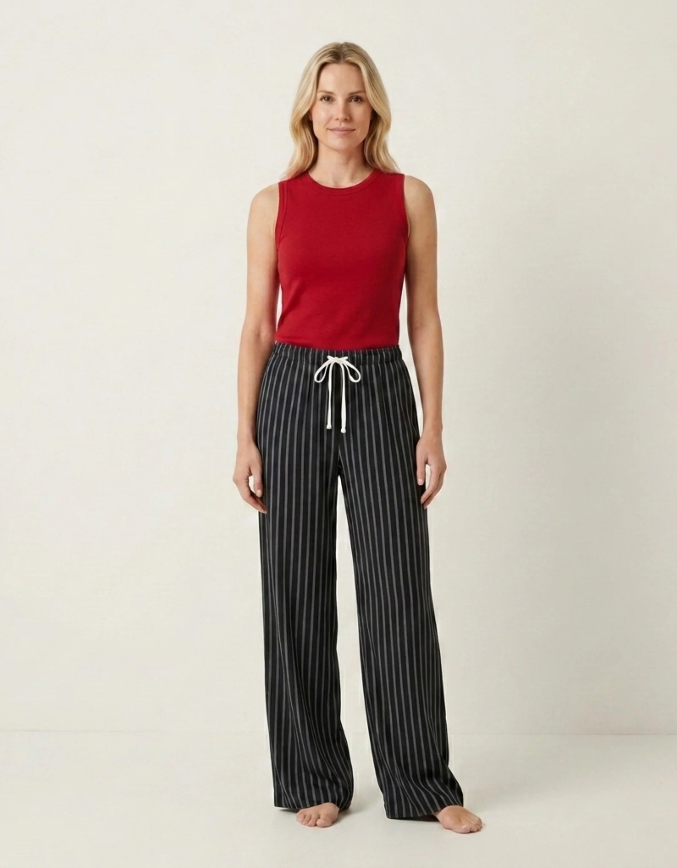 Pantalon Large Rayé Femme Taille Haute — Wide Leg Palazzo Fluide Été 2026 — Blanc Rayé / Noir Rayé