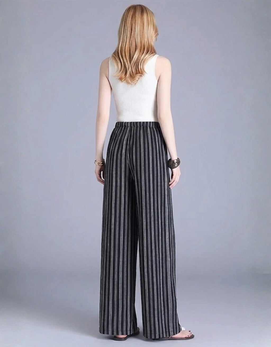 Pantalon Large Rayé Femme Taille Haute — Wide Leg Palazzo Fluide Été 2026 — Blanc Rayé / Noir Rayé