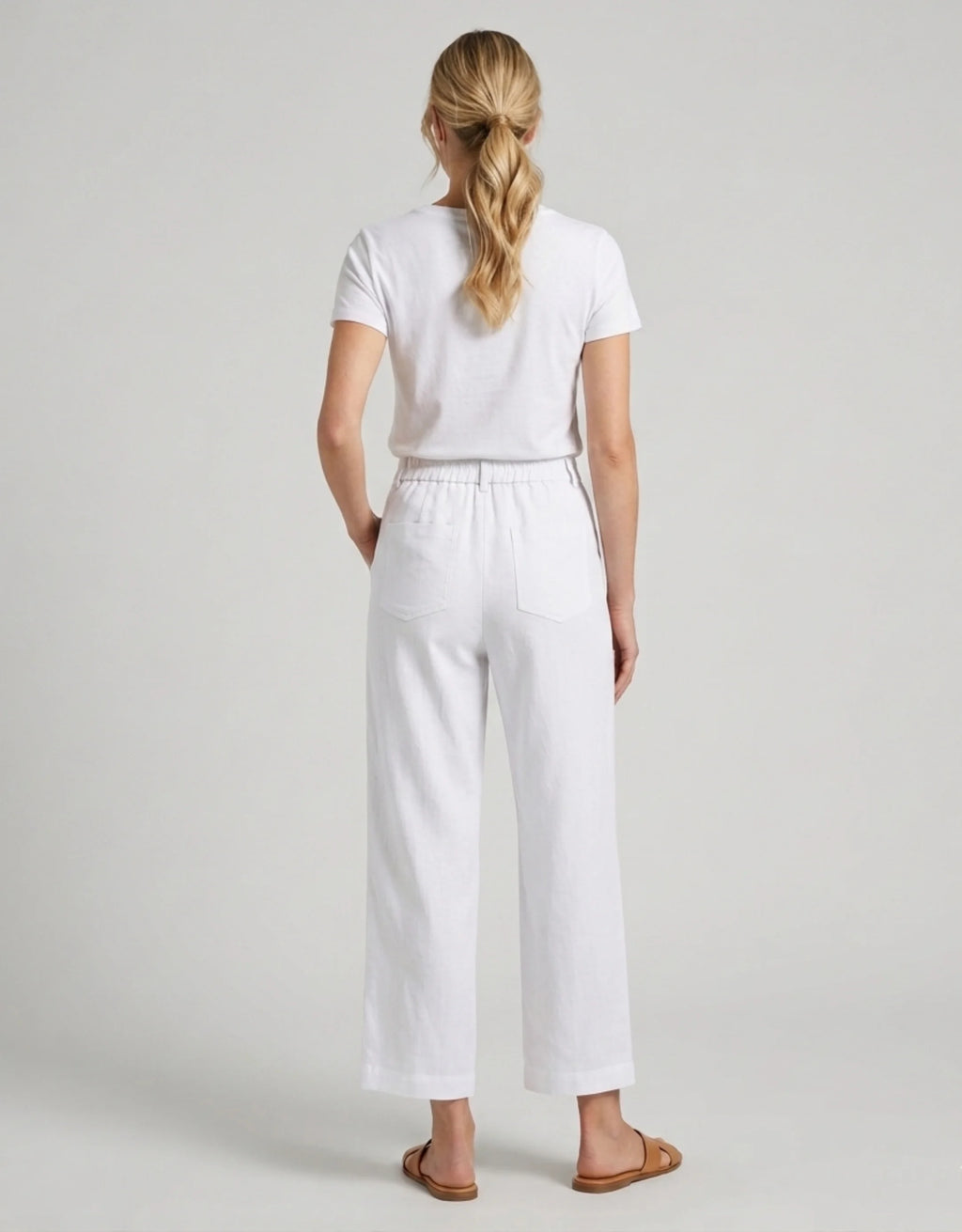 Pantalon Large Tencel Lin Femme Taille Haute — Coupe Droite 7/8 Cropped Été 2026 — Blanc / Lin Naturel