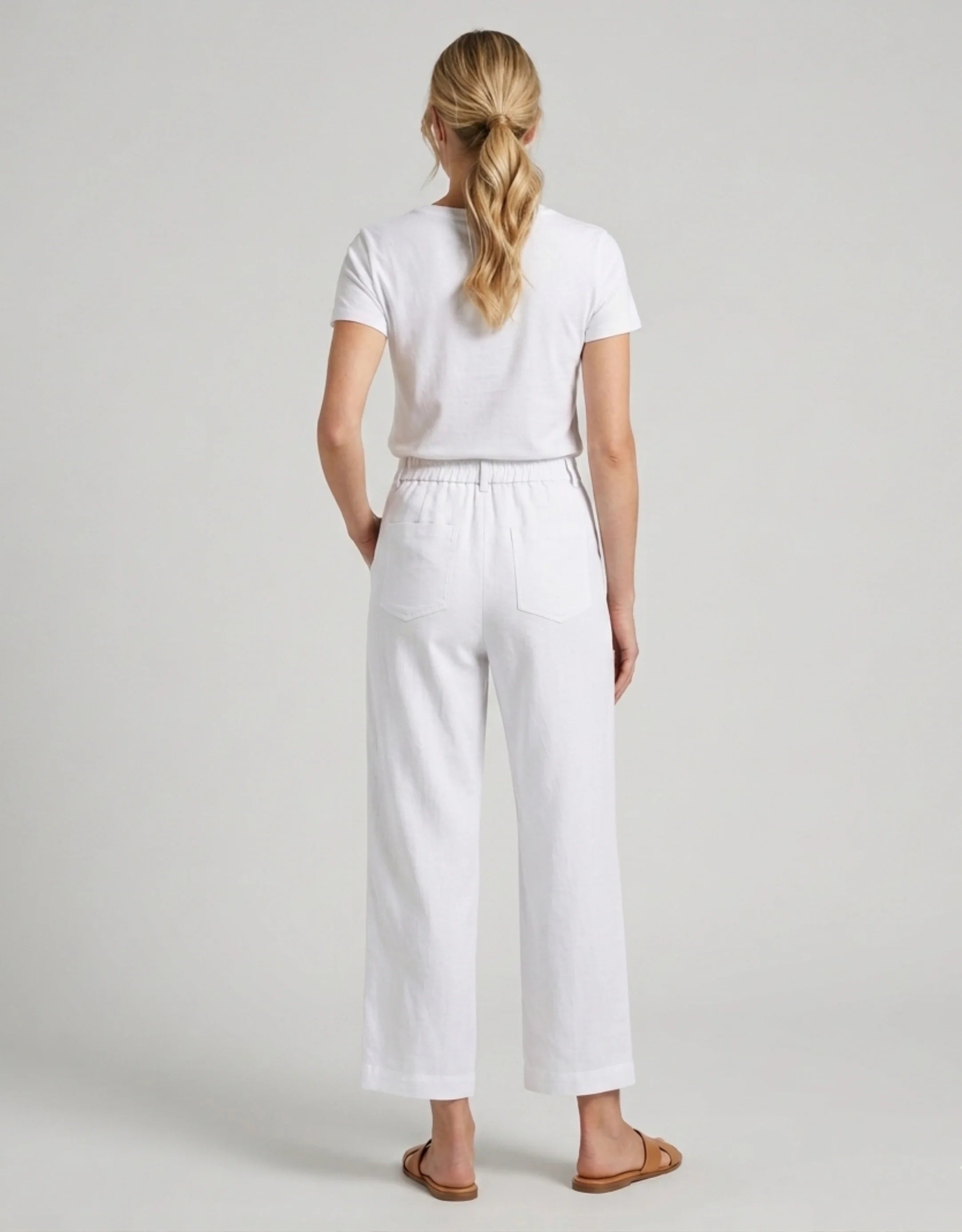 Pantalon Large Tencel Lin Femme Taille Haute — Coupe Droite 7/8 Cropped Été 2026 — Blanc / Lin Naturel