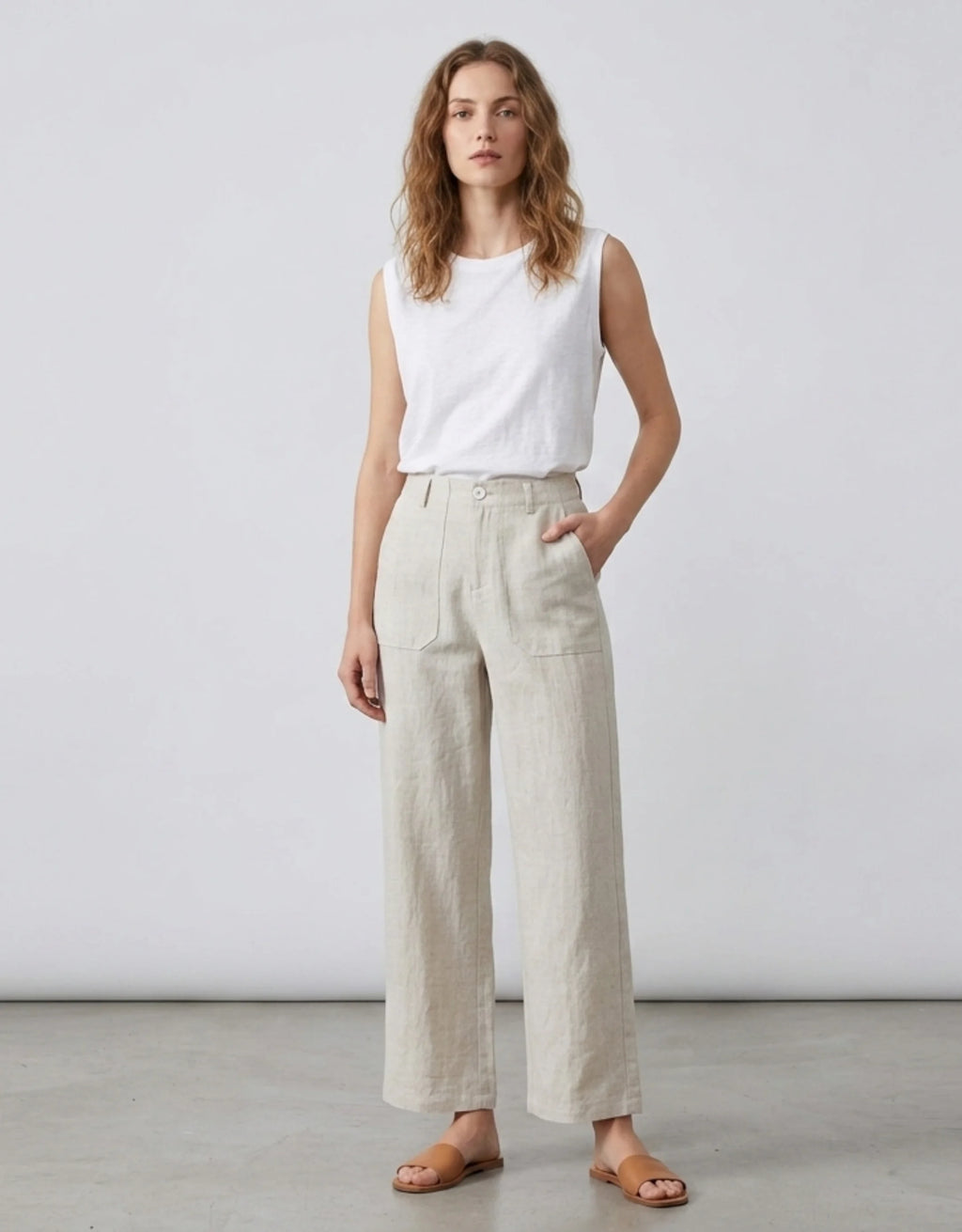 Pantalon Large Tencel Lin Femme Taille Haute — Coupe Droite 7/8 Cropped Été 2026 — Blanc / Lin Naturel