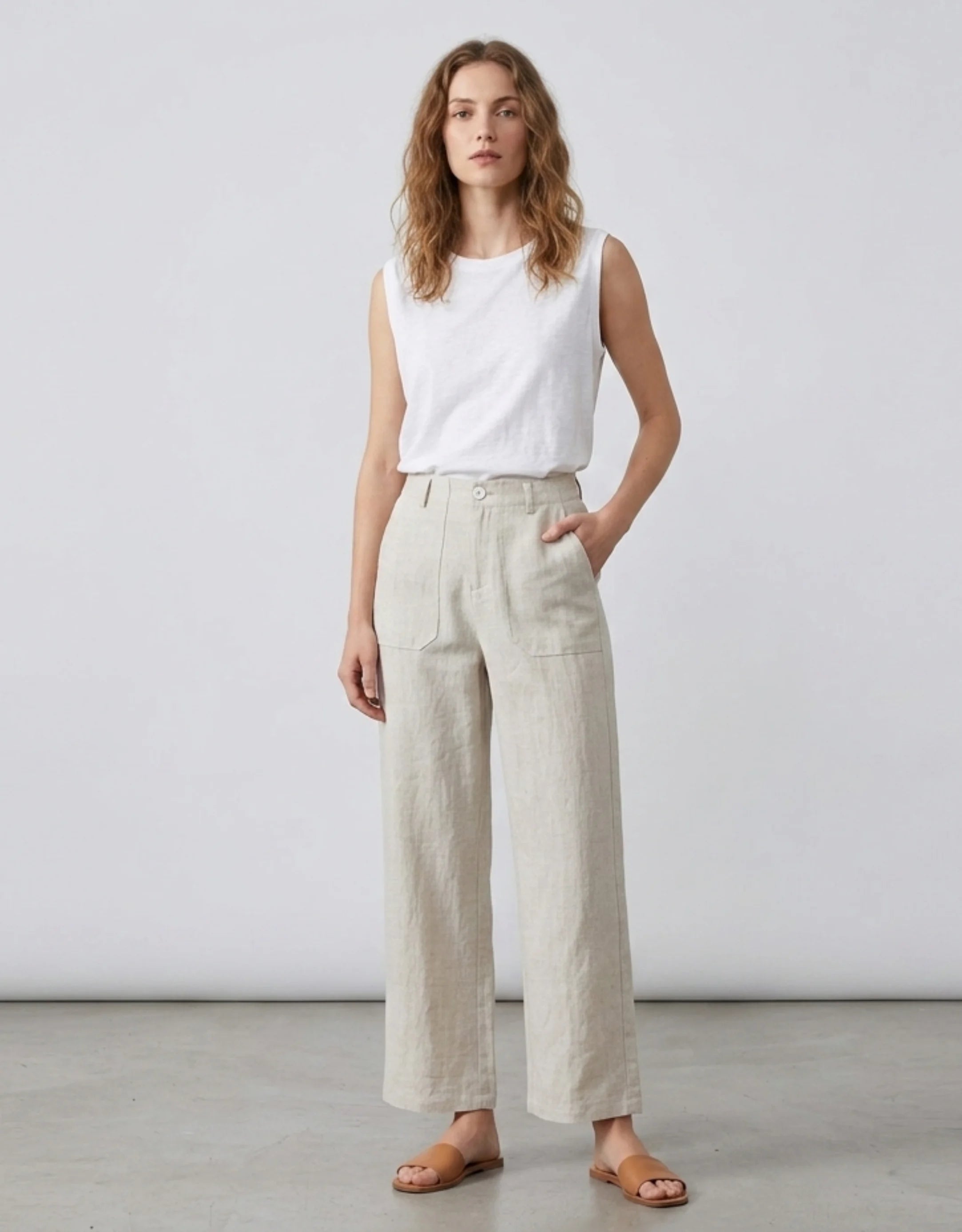 Pantalon Large Tencel Lin Femme Taille Haute — Coupe Droite 7/8 Cropped Été 2026 — Blanc / Lin Naturel