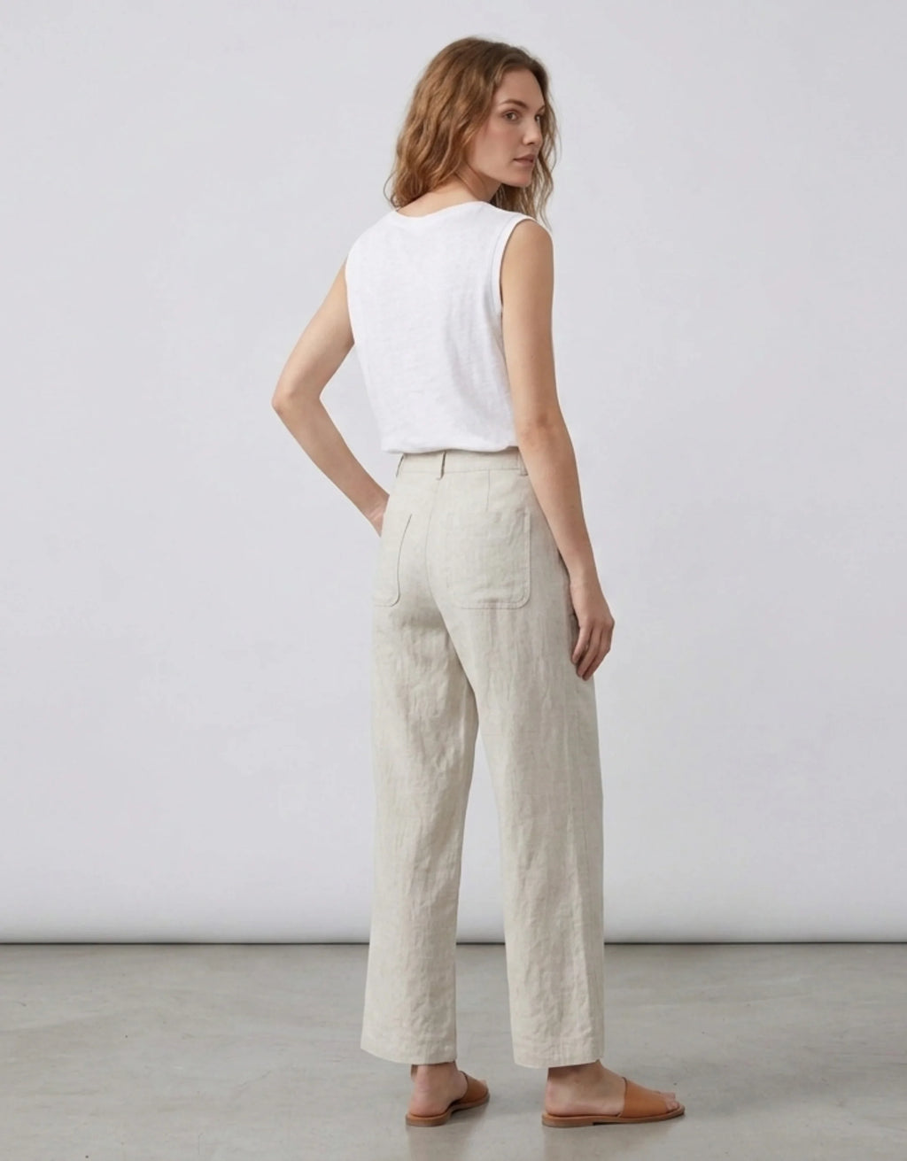Pantalon Large Tencel Lin Femme Taille Haute — Coupe Droite 7/8 Cropped Été 2026 — Blanc / Lin Naturel