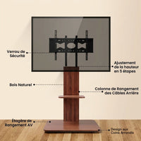 Support TV sur Pied Bois et Métal avec Étagère – Réglable 5 Hauteurs, TV 32-65", 40 kg, Passe-Câbles