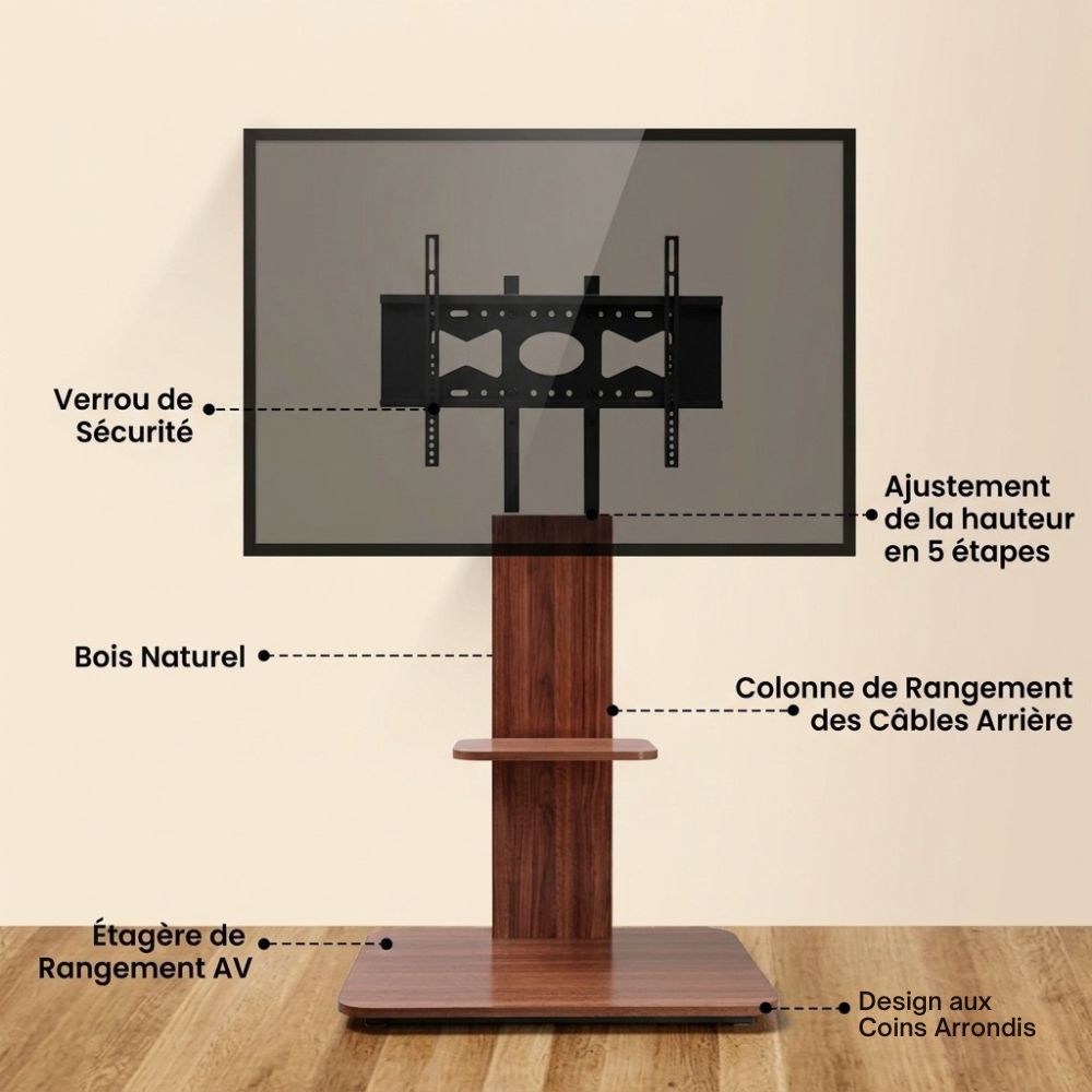 Support TV sur Pied Bois et Métal avec Étagère – Réglable 5 Hauteurs, TV 32-65", 40 kg, Passe-Câbles