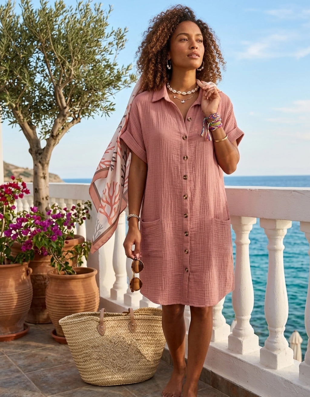 Robe Chemise Femme en Gaze de Coton Gaufrée - Robe été Ample à Poches Galagga
