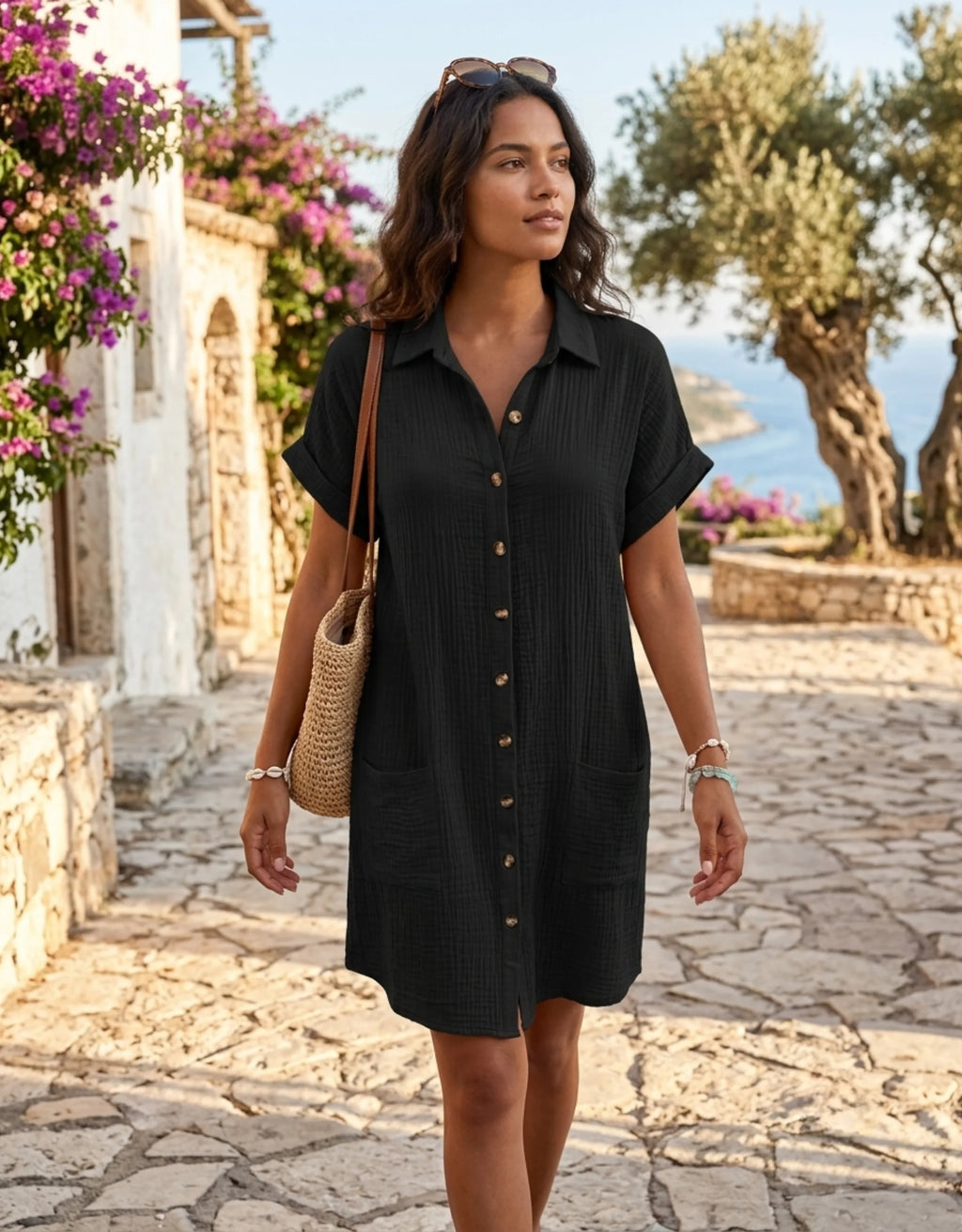 Robe Chemise Femme en Gaze de Coton Gaufrée - Robe été Ample à Poches Galagga