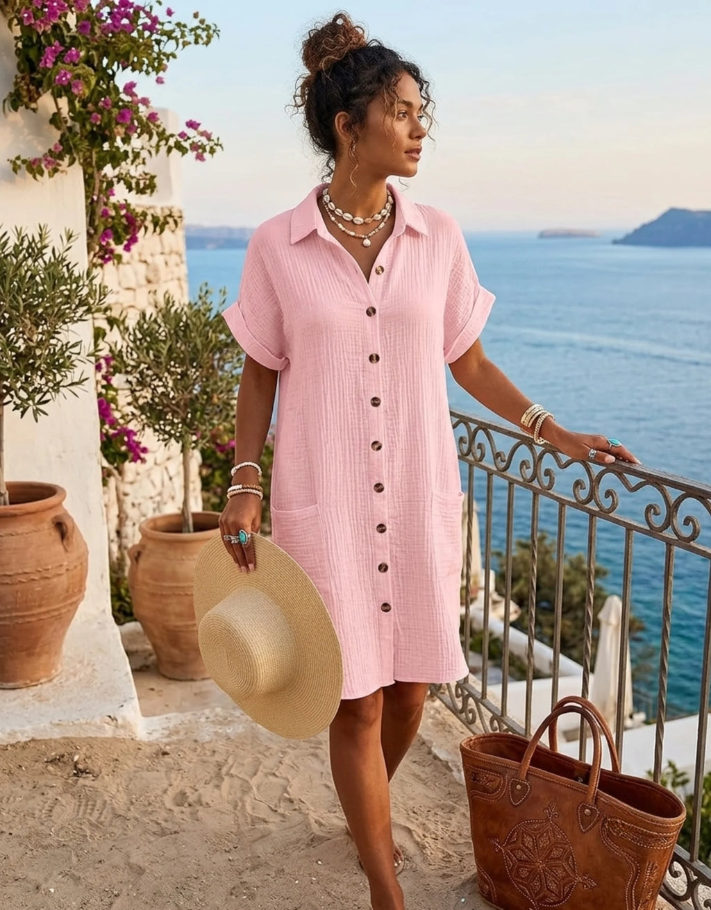 Robe Chemise Femme en Gaze de Coton Gaufrée - Robe été Ample à Poches Galagga