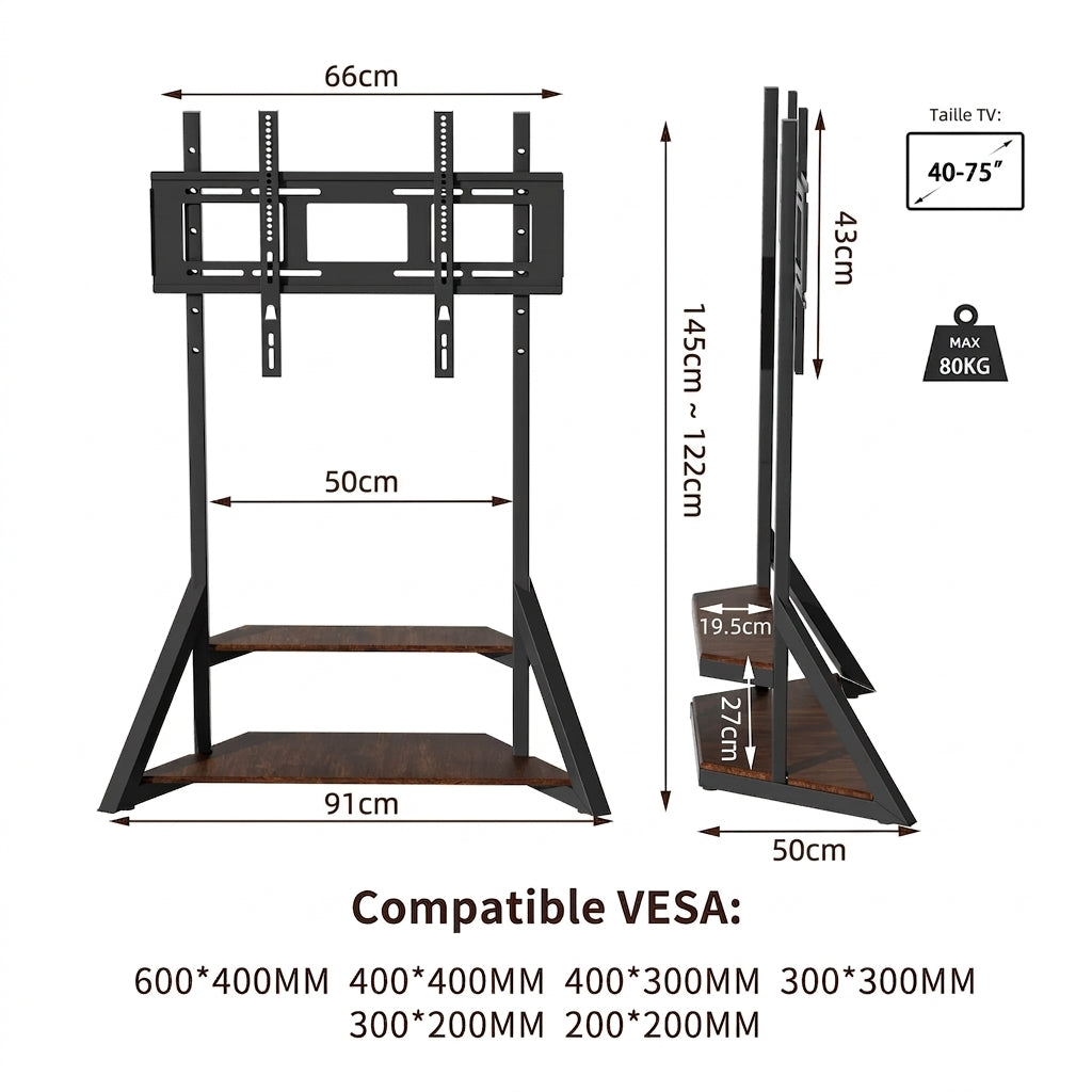Support TV sur Pied 40-75" – Roulettes Amovibles, Hauteur Réglable, Charge 80 kg, Écran 40 à 75 Pouces