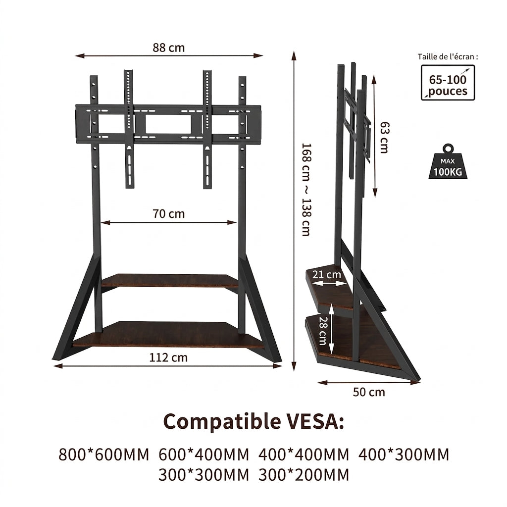 Support TV sur Pied à Roulettes 65-100" – Hauteur Réglable, Charge 100 kg, Écran 65 à 100 Pouces
