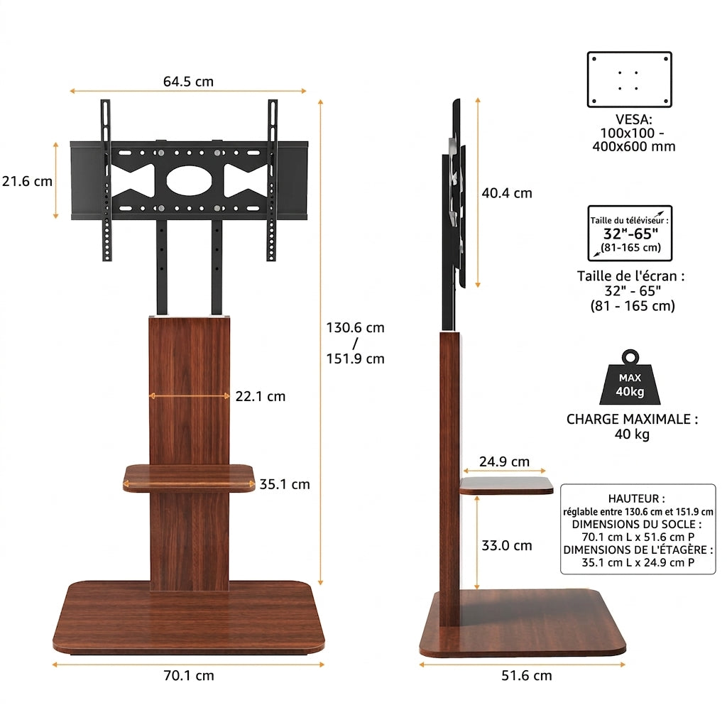 Support TV sur Pied Bois et Métal avec Étagère – Réglable 5 Hauteurs, TV 32-65", 40 kg, Passe-Câbles